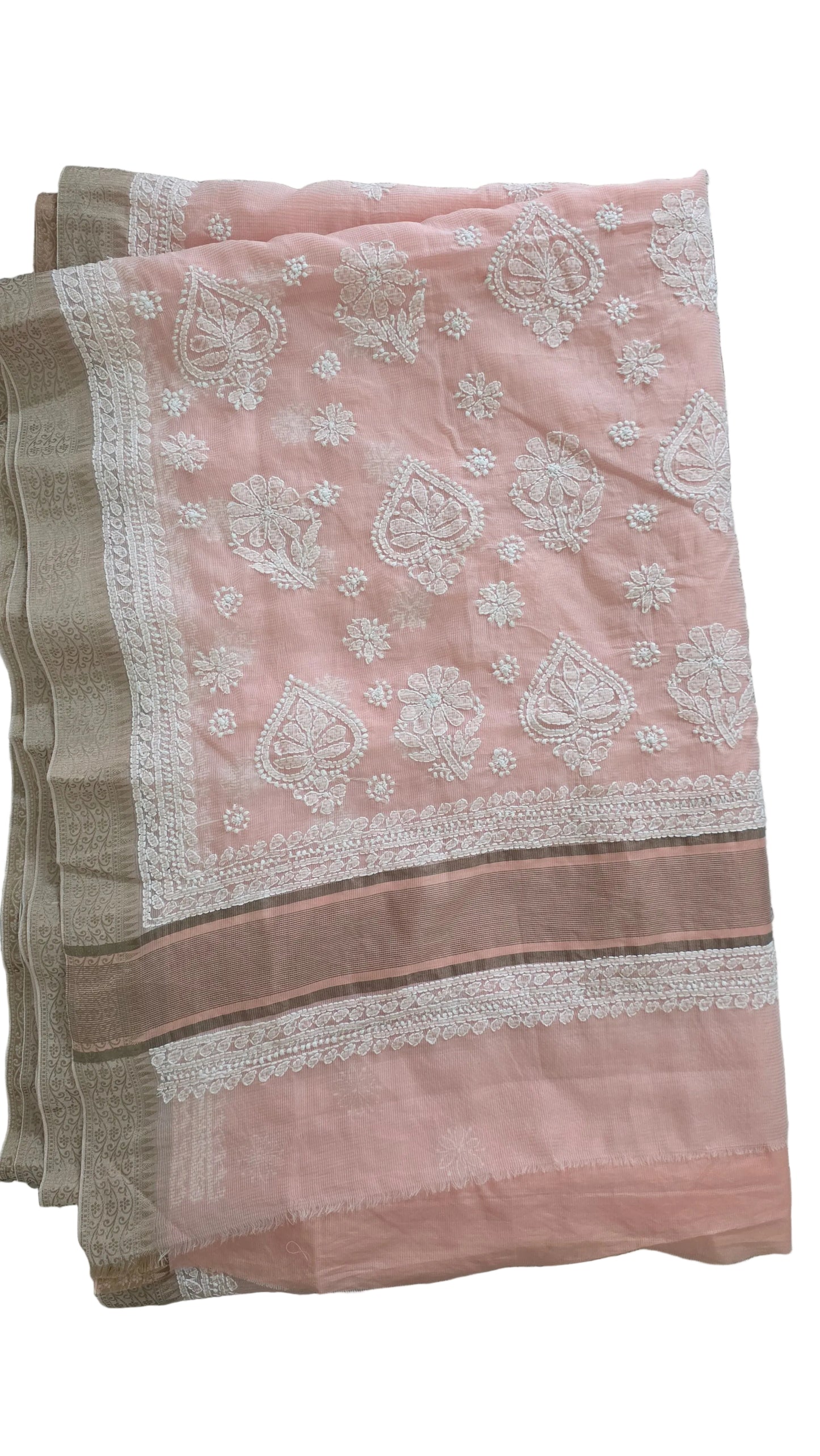 Original Chikankari Hand Work Kota Peach Cotton saree with Handloom Border
