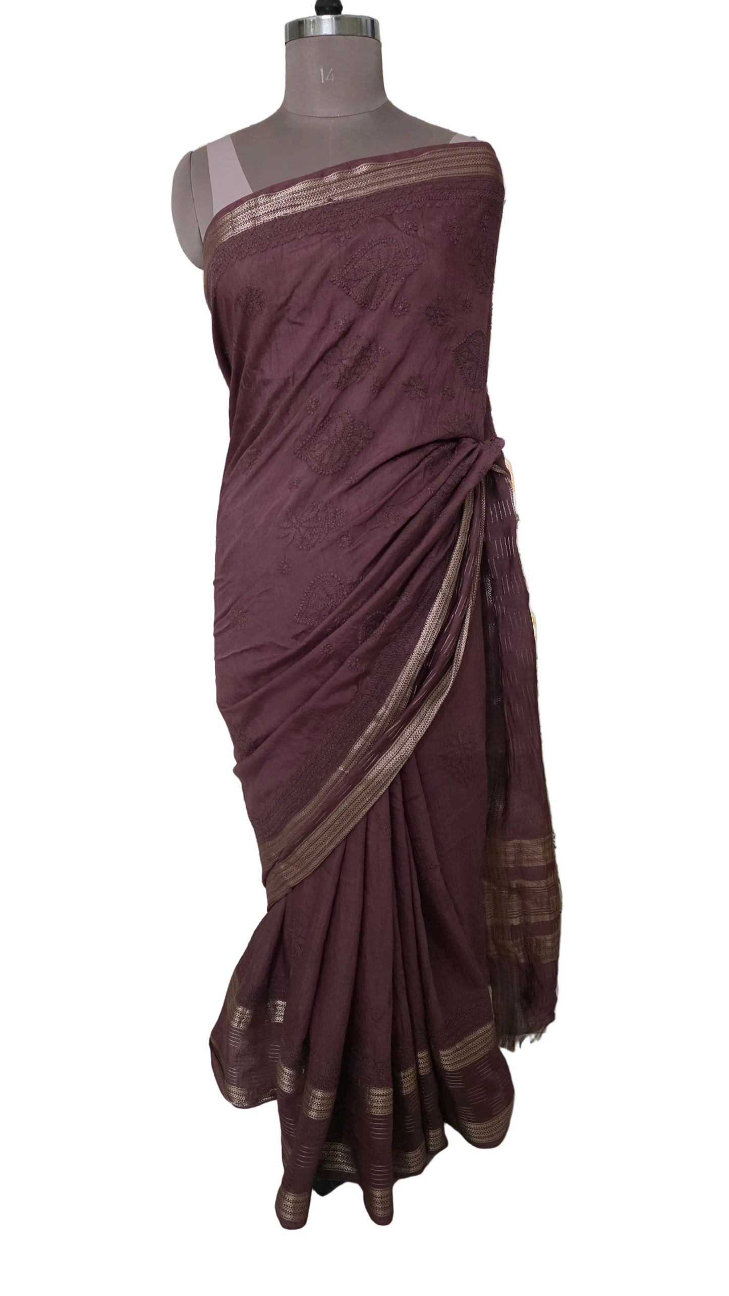Chikankari Hand Work Mul Chanderi Chocolate Brown Saree