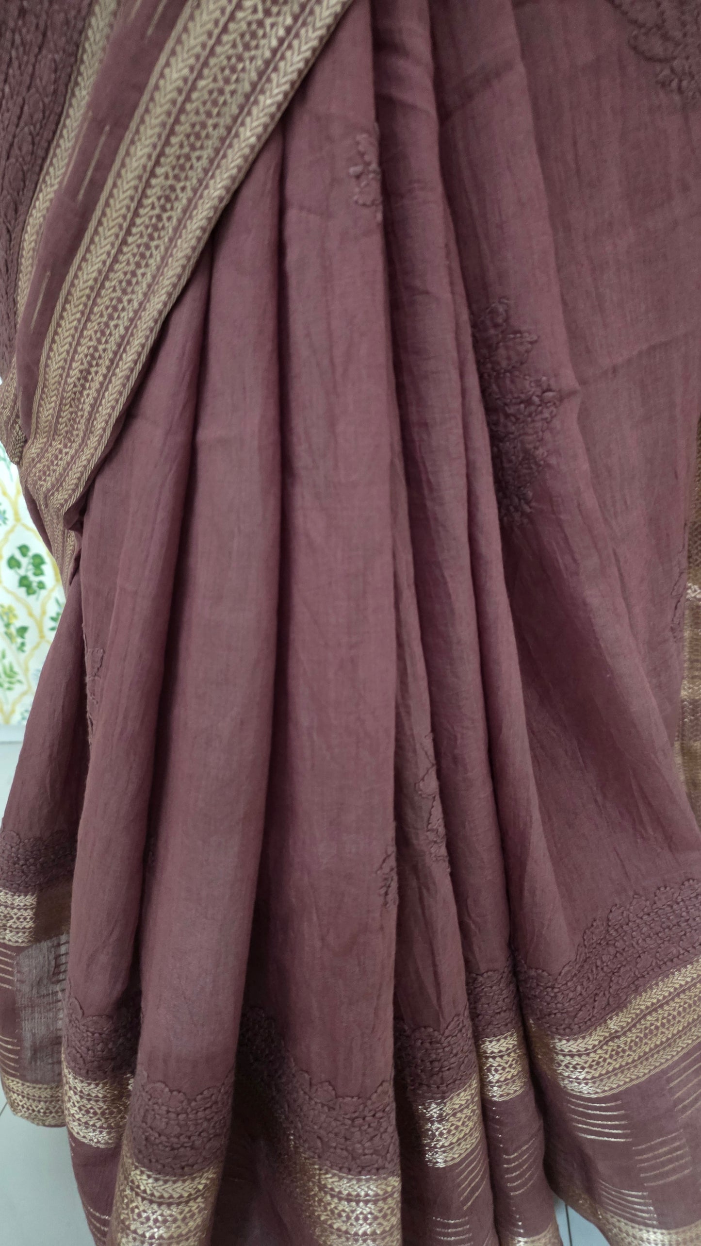 Chikankari Hand Work Mul Chanderi Chocolate Brown Saree
