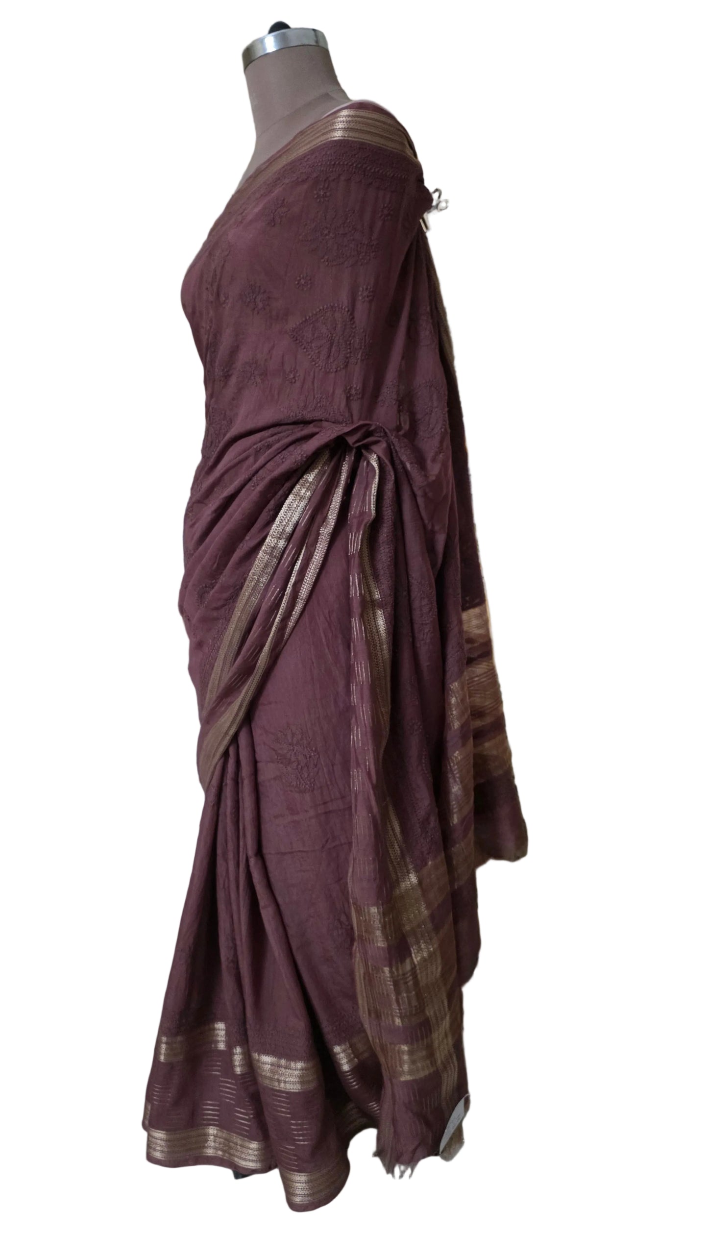 Chikankari Hand Work Mul Chanderi Chocolate Brown Saree