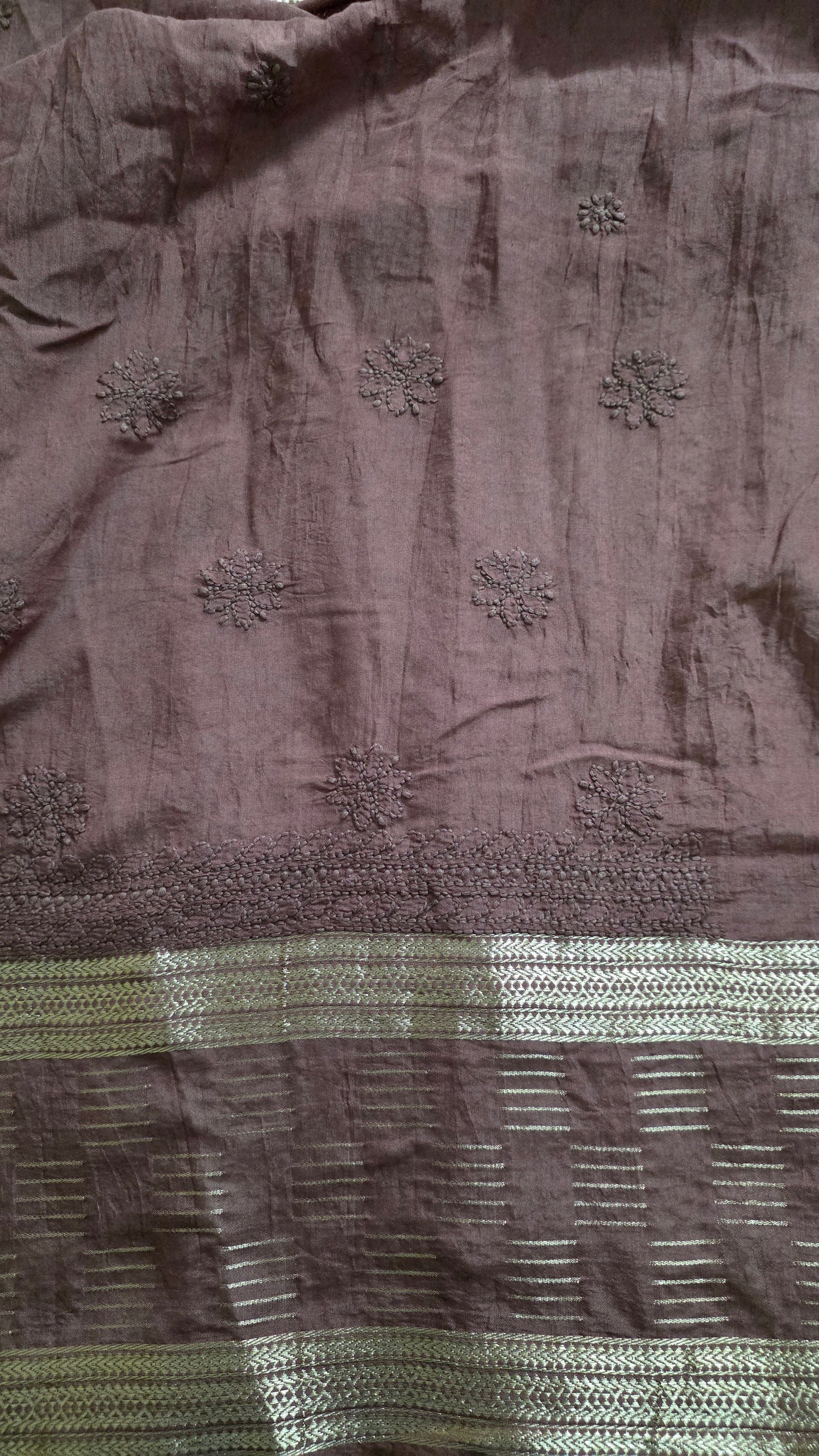 Chikankari Hand Work Mul Chanderi Chocolate Brown Saree