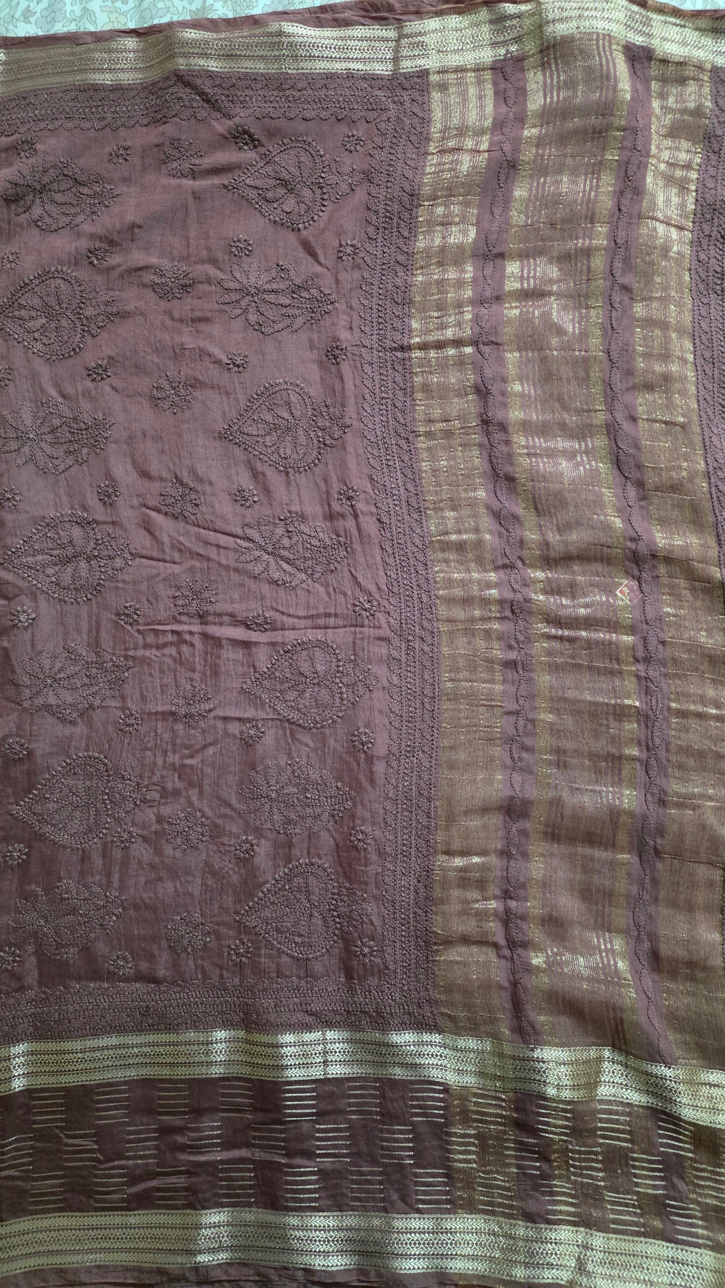 Chikankari Hand Work Mul Chanderi Chocolate Brown Saree