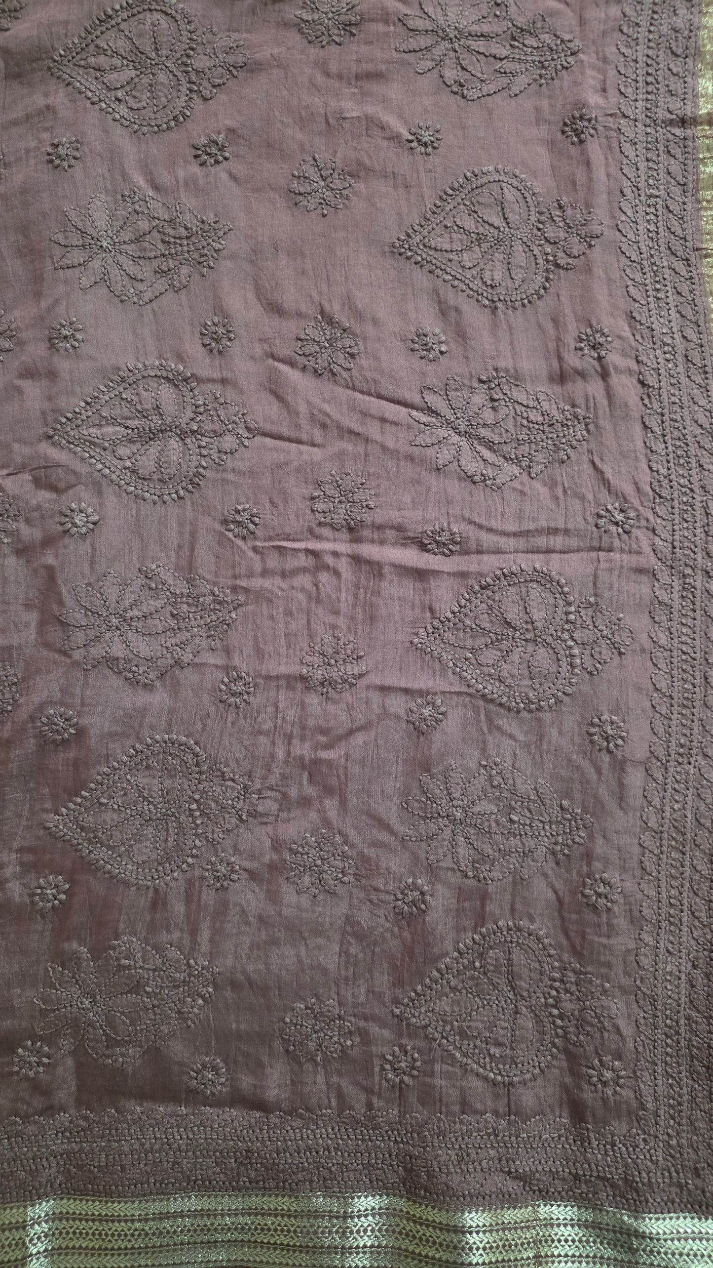 Chikankari Hand Work Mul Chanderi Chocolate Brown Saree