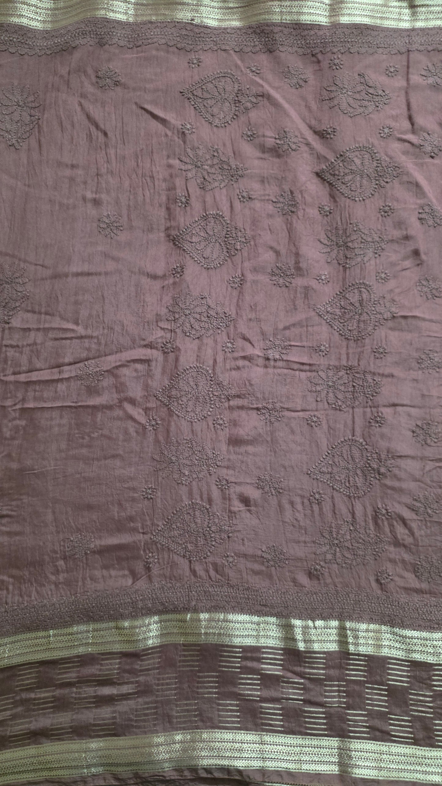 Chikankari Hand Work Mul Chanderi Chocolate Brown Saree