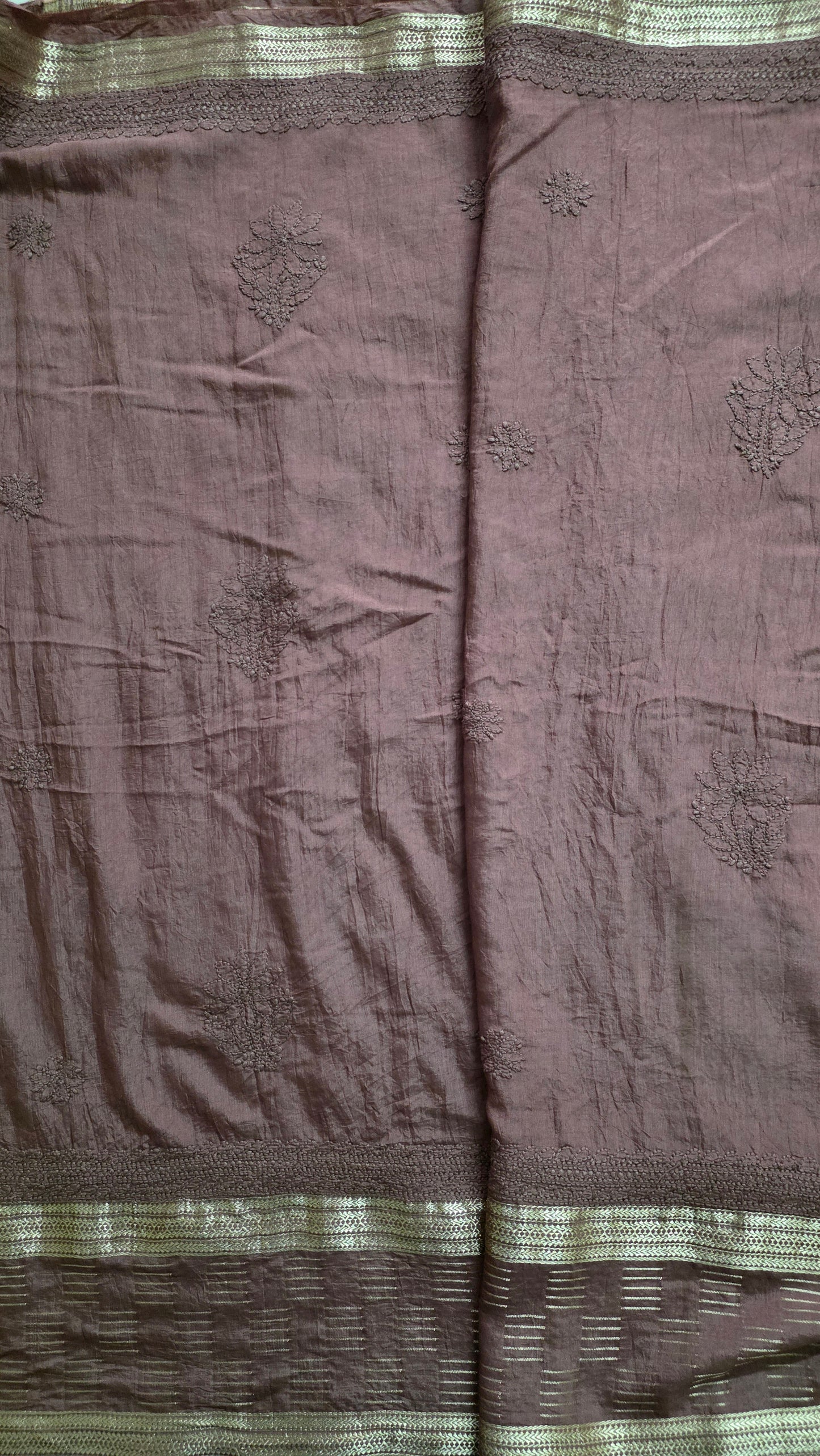 Chikankari Hand Work Mul Chanderi Chocolate Brown Saree