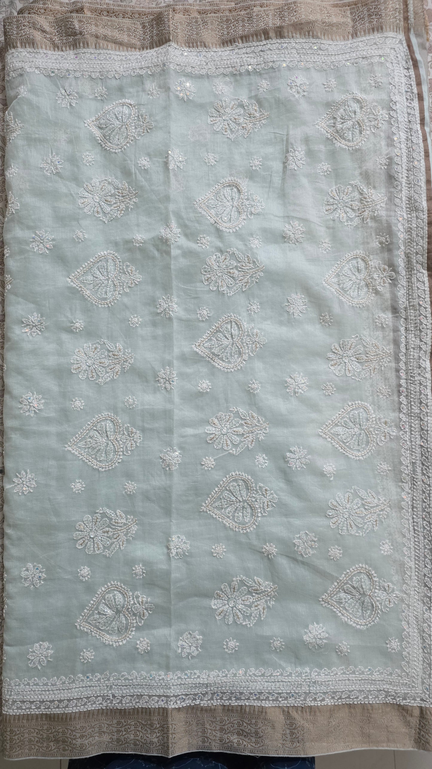 Original Chikankari Hand Work Kota Turquoise Cotton saree with Handloom Border and Cutdana Sequin embroidery