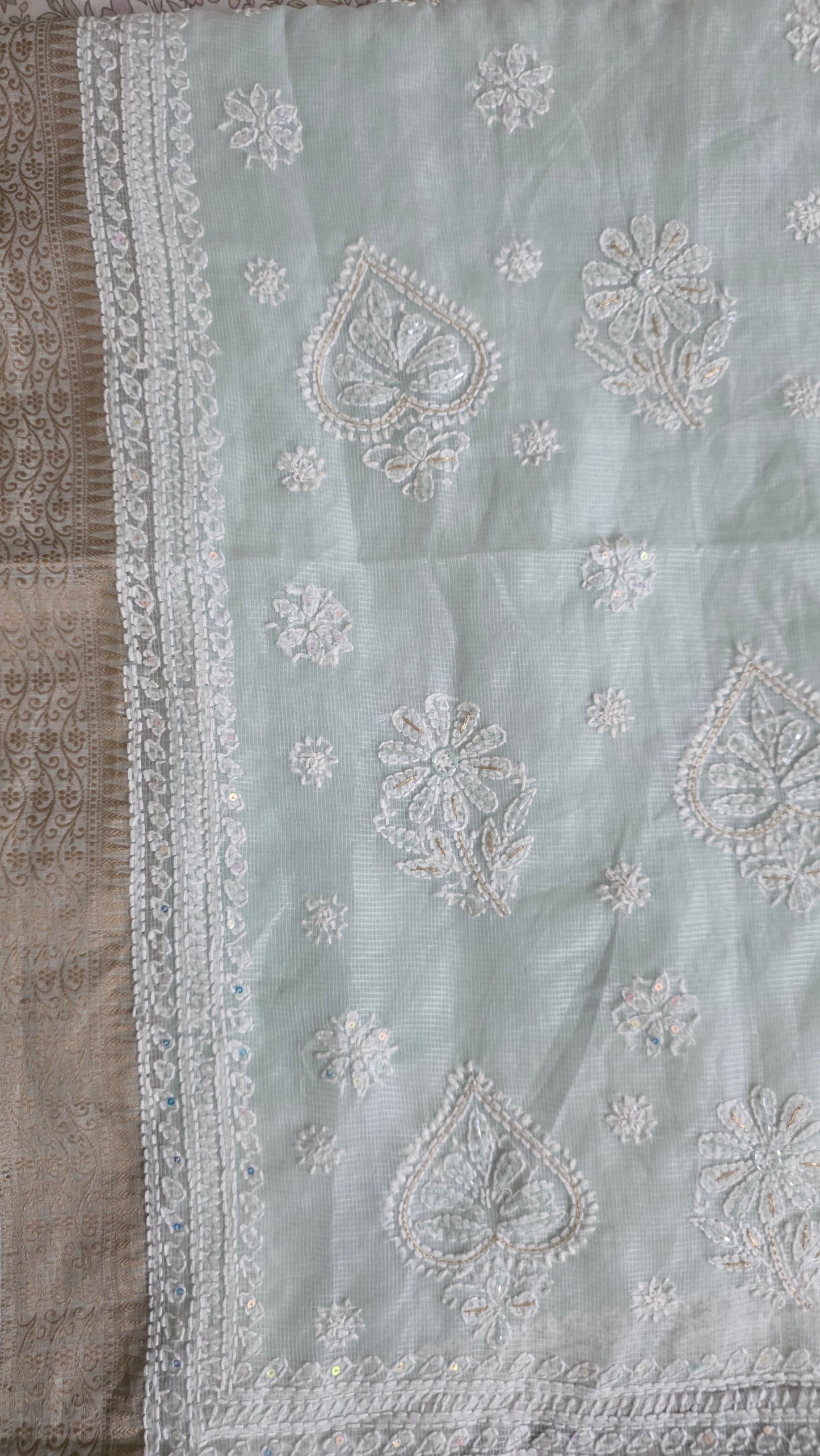 Original Chikankari Hand Work Kota Turquoise Cotton saree with Handloom Border and Cutdana Sequin embroidery