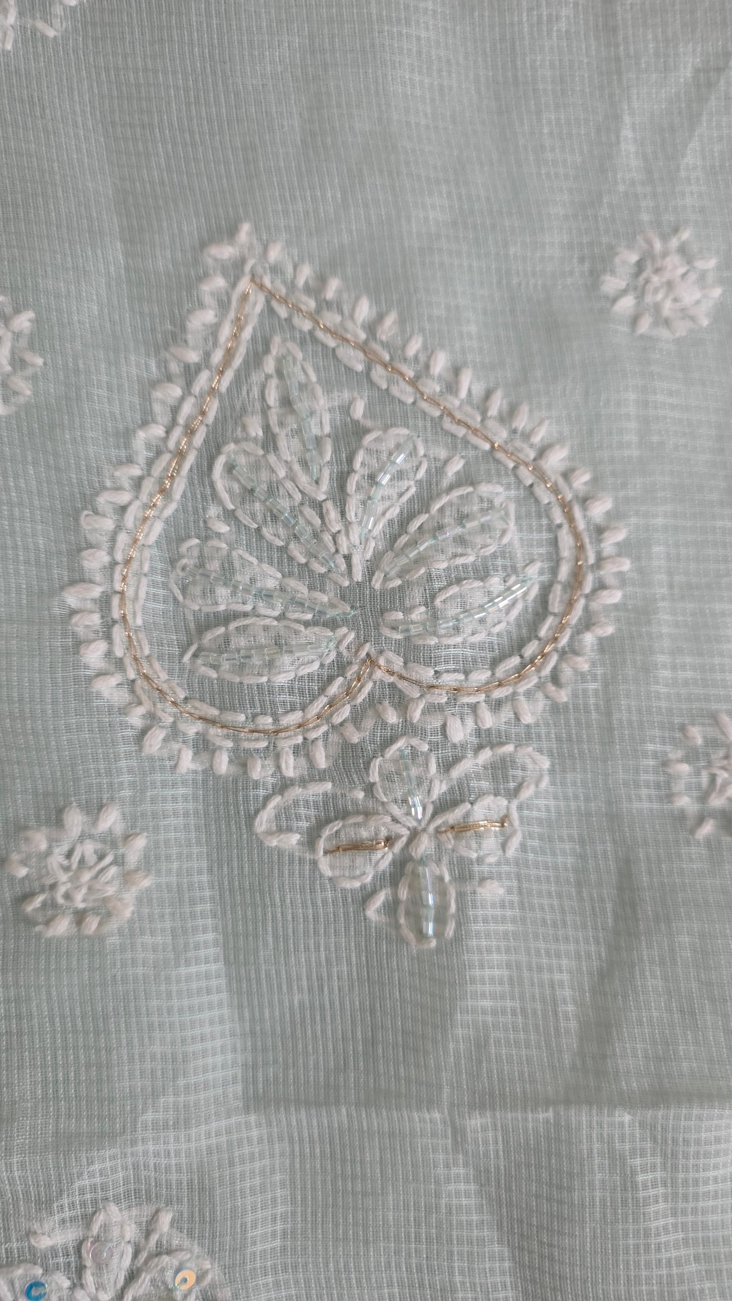 Original Chikankari Hand Work Kota Turquoise Cotton saree with Handloom Border and Cutdana Sequin embroidery