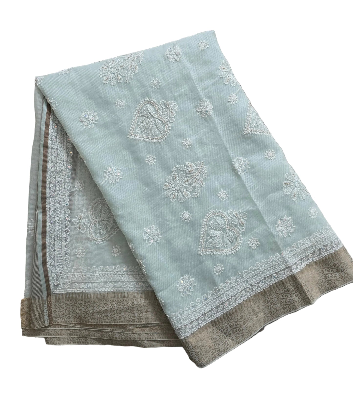 Original Chikankari Hand Work Kota Turquoise Cotton saree with Handloom Border and Cutdana Sequin embroidery