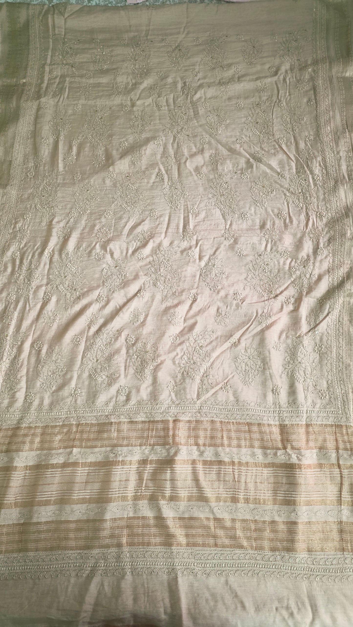 Chikankari Hand Work Mul Chanderi Golden Beige Saree