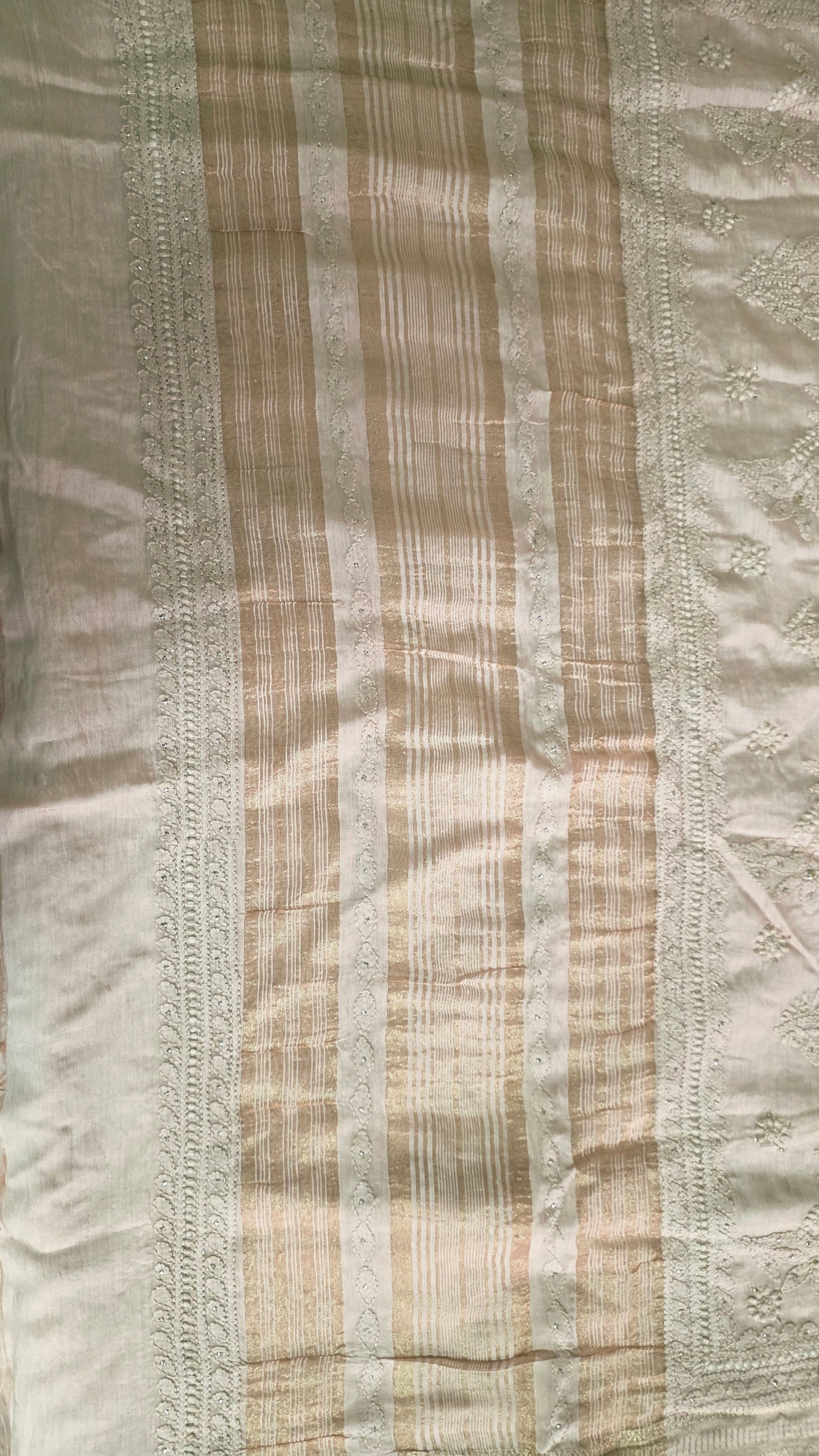 Chikankari Hand Work Mul Chanderi Golden Beige Saree