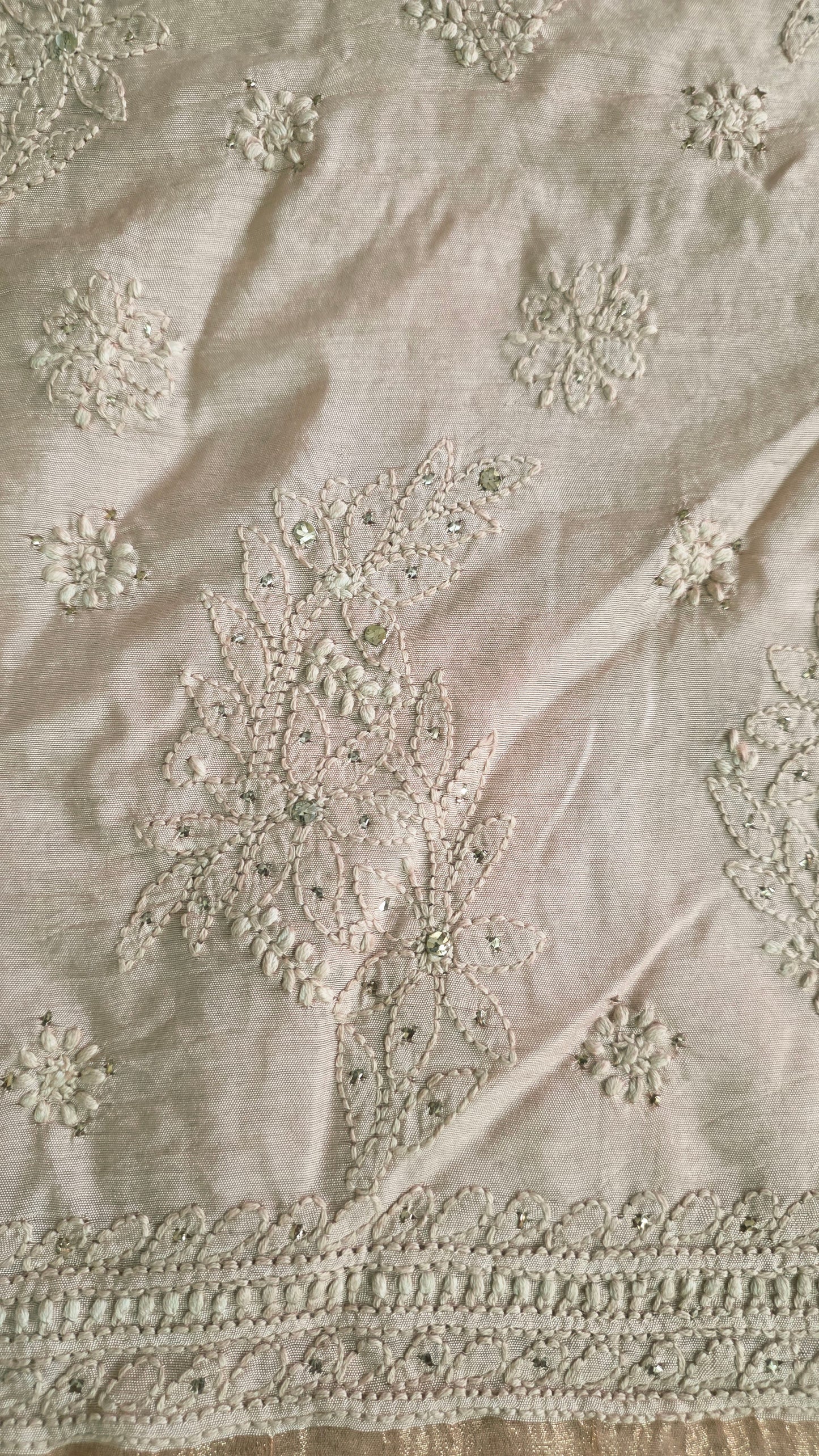 Chikankari Hand Work Mul Chanderi Golden Beige Saree