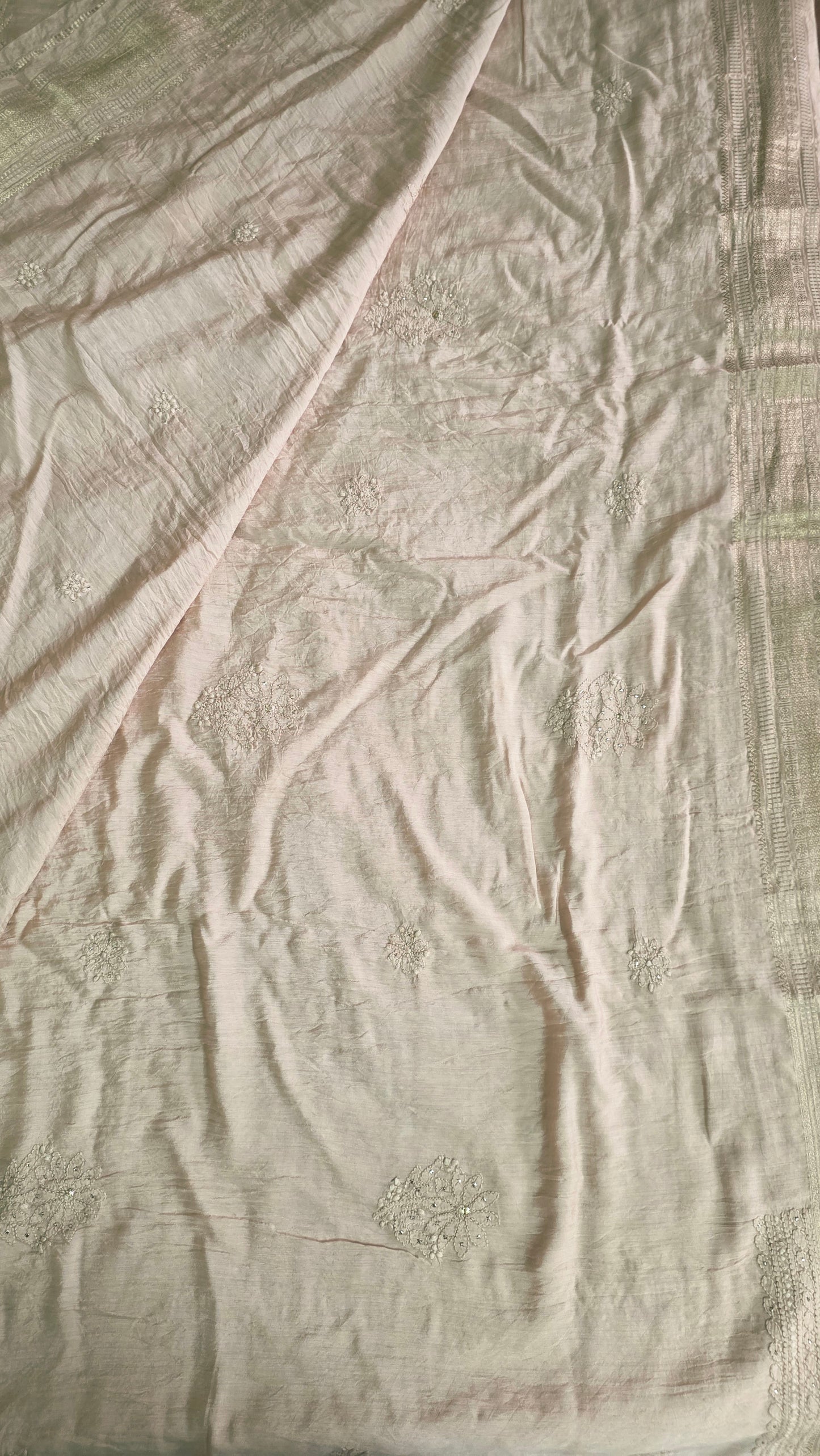 Chikankari Hand Work Mul Chanderi Golden Beige Saree