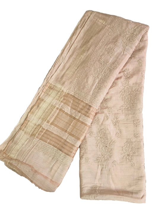 Chikankari Hand Work Mul Chanderi Golden Beige Saree