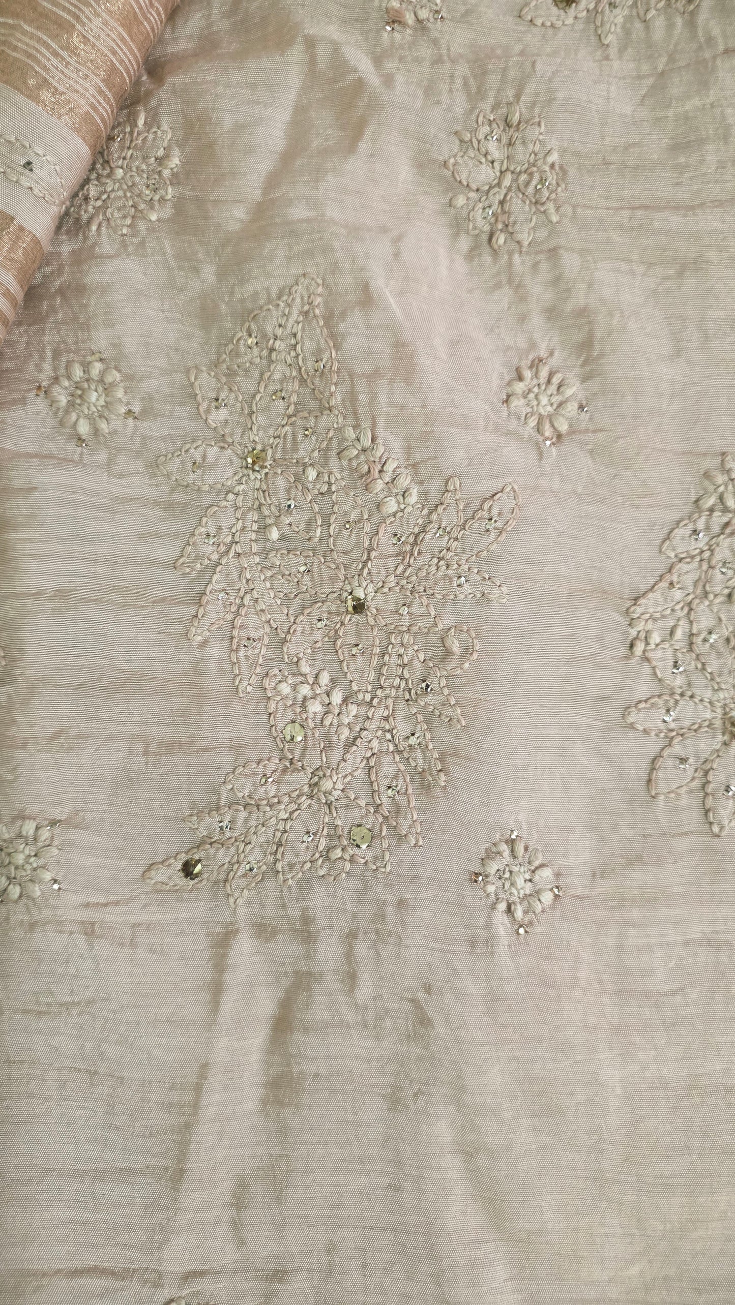 Chikankari Hand Work Mul Chanderi Golden Beige Saree