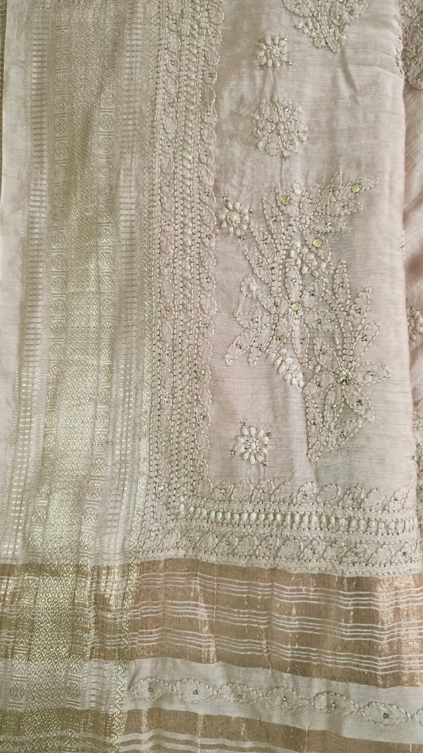 Chikankari Hand Work Mul Chanderi Golden Beige Saree