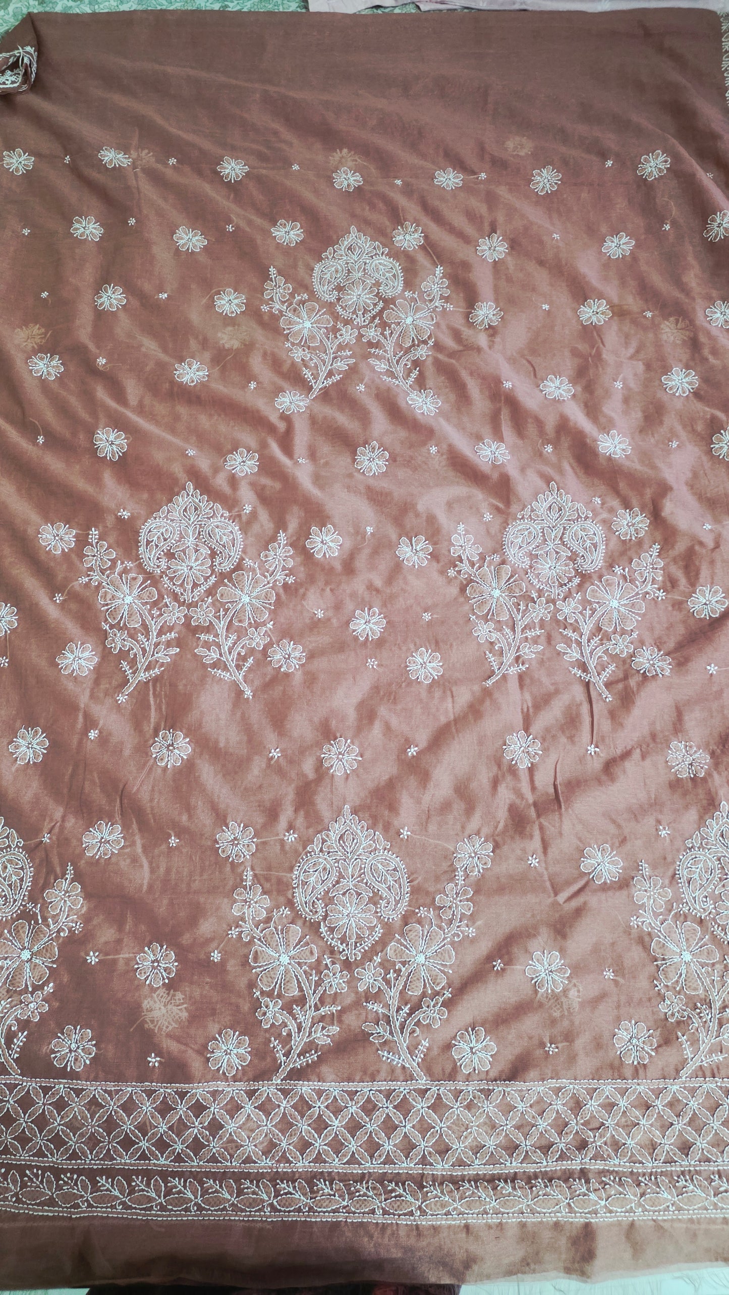 Hand work Lakhnavi Chikankari Light brown Chanderi Saree