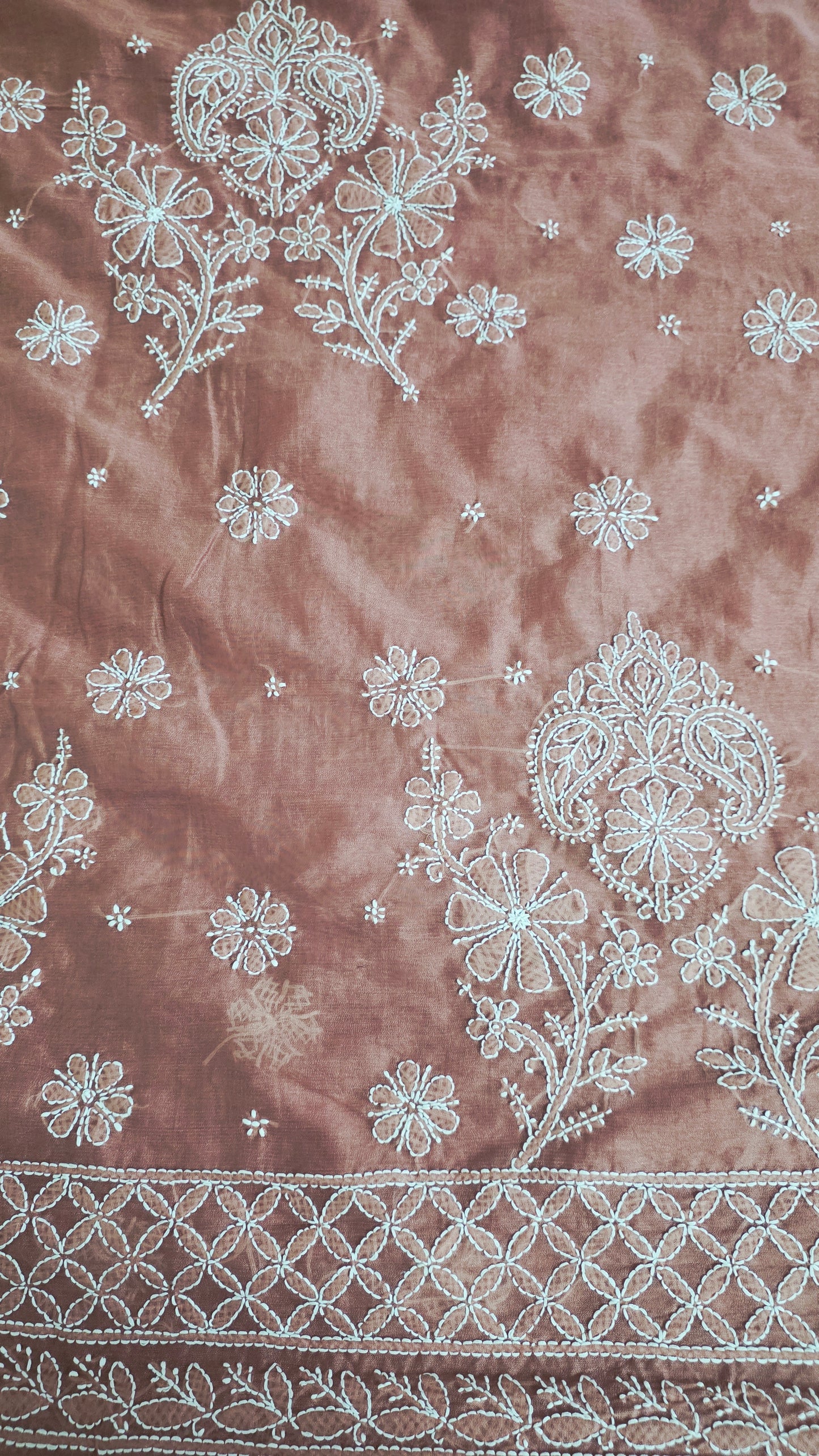 Hand work Lakhnavi Chikankari Light brown Chanderi Saree