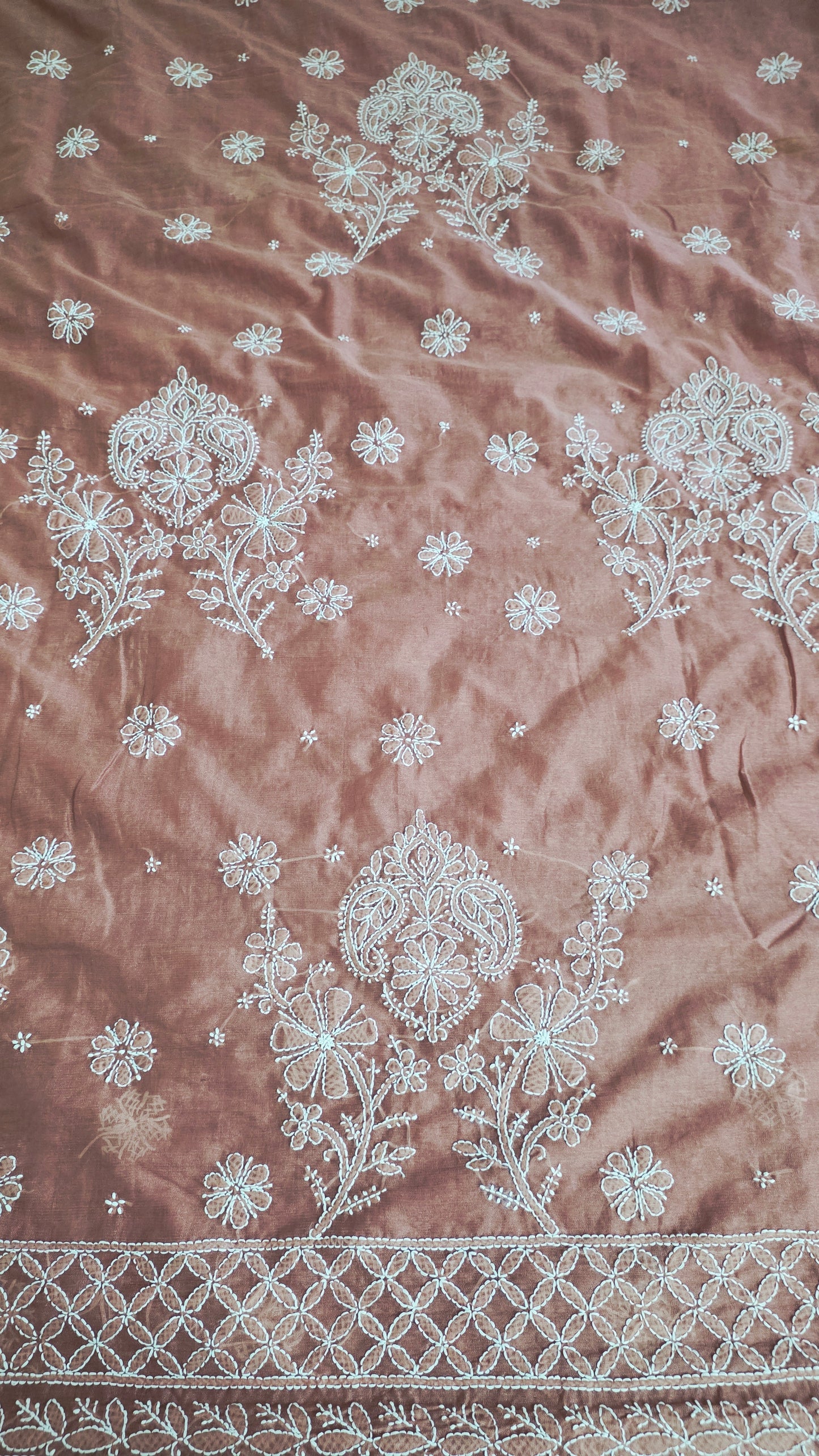 Hand work Lakhnavi Chikankari Light brown Chanderi Saree