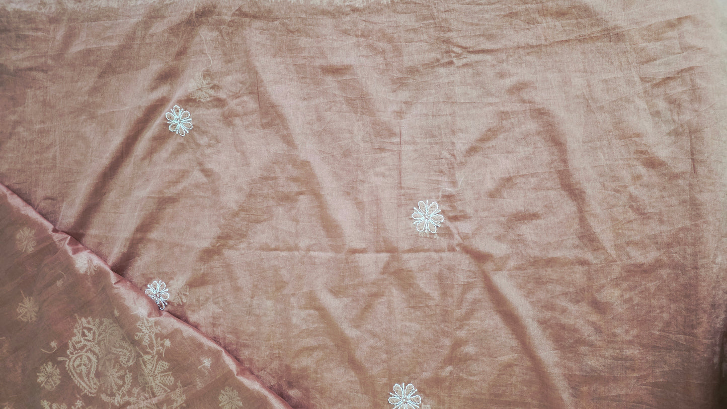 Hand work Lakhnavi Chikankari Light brown Chanderi Saree
