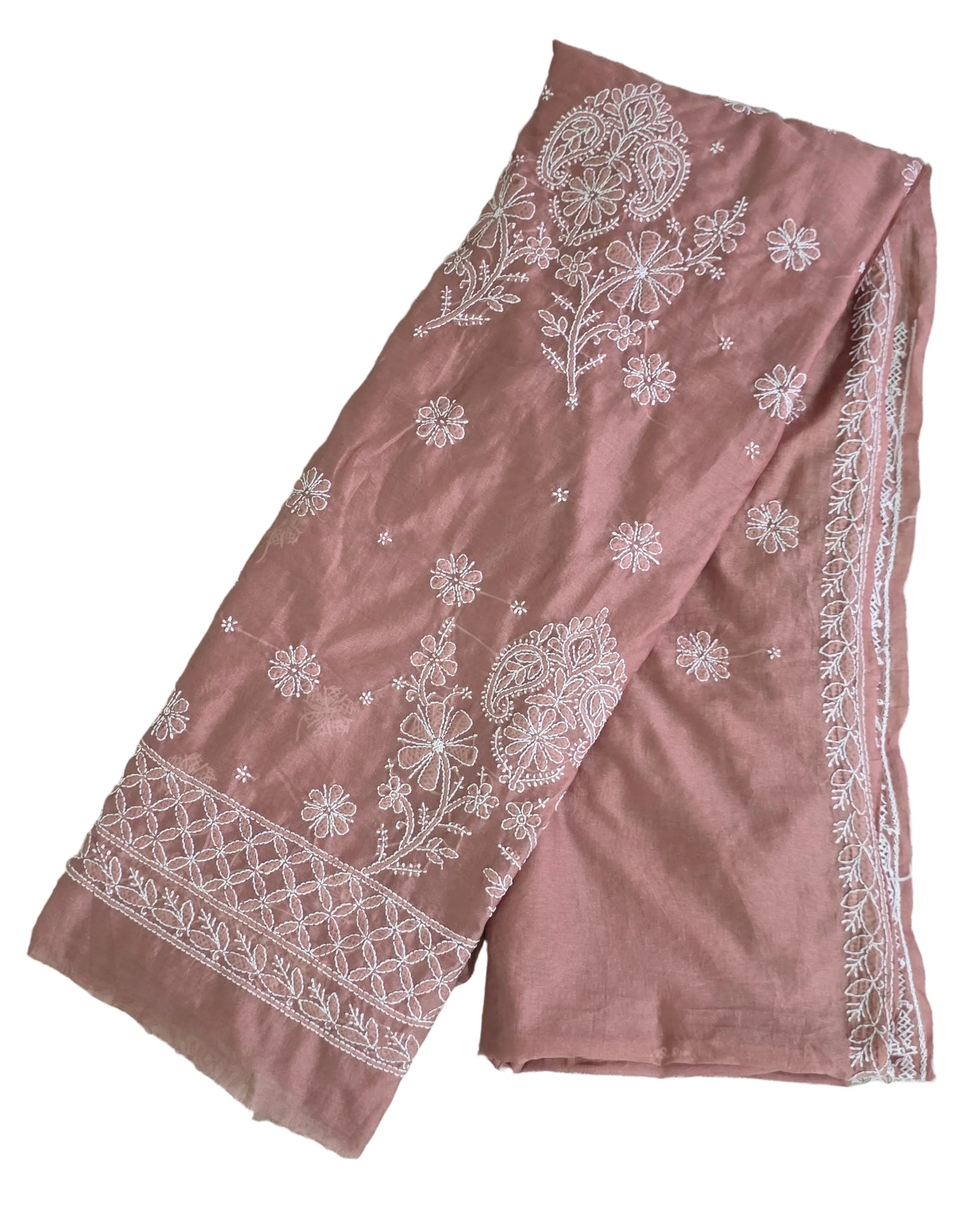 Hand work Lakhnavi Chikankari Light brown Chanderi Saree