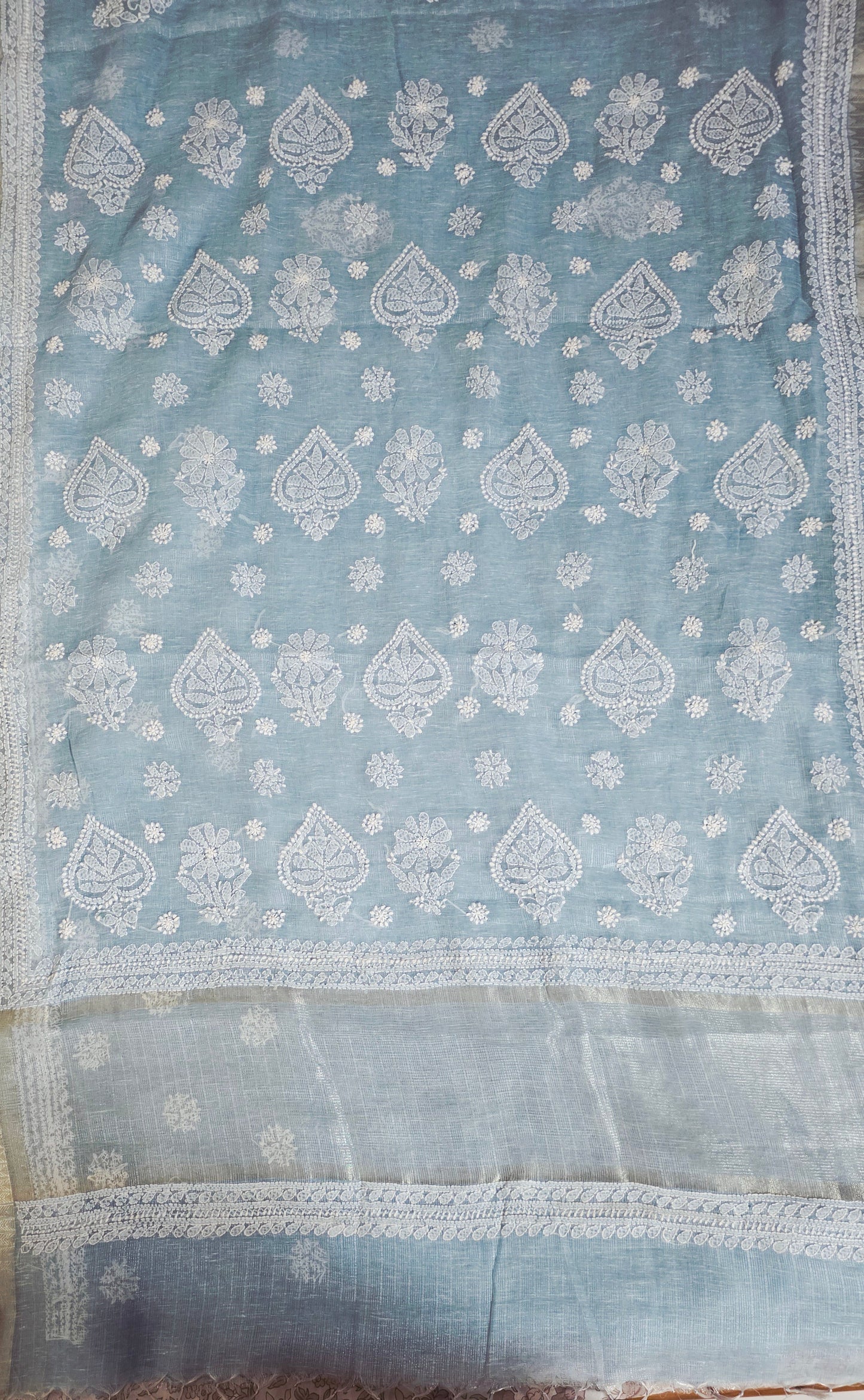 Original Chikankari Hand Work Tissue Kota Ice blue saree with Gold Border