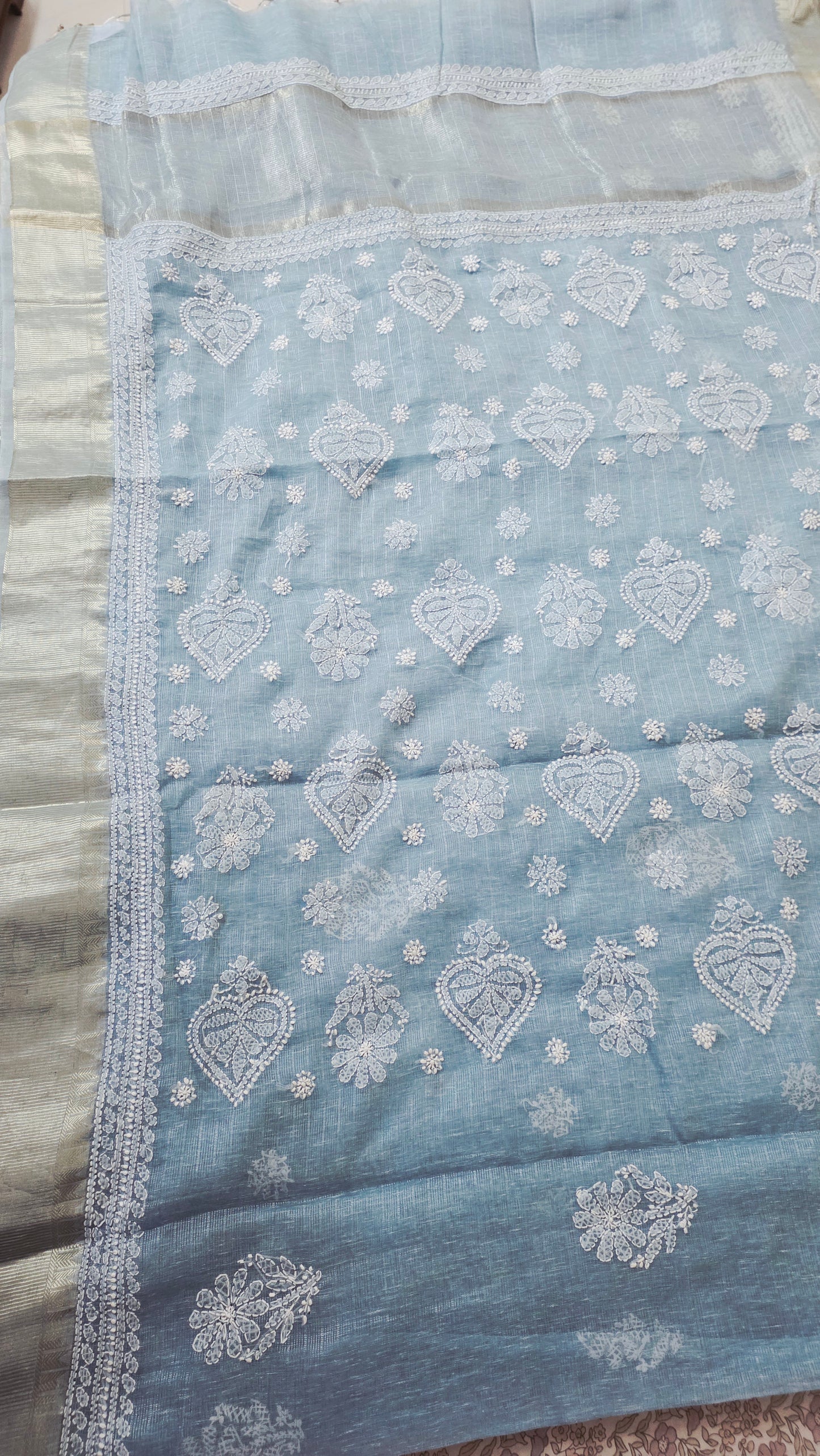 Original Chikankari Hand Work Tissue Kota Ice blue saree with Gold Border