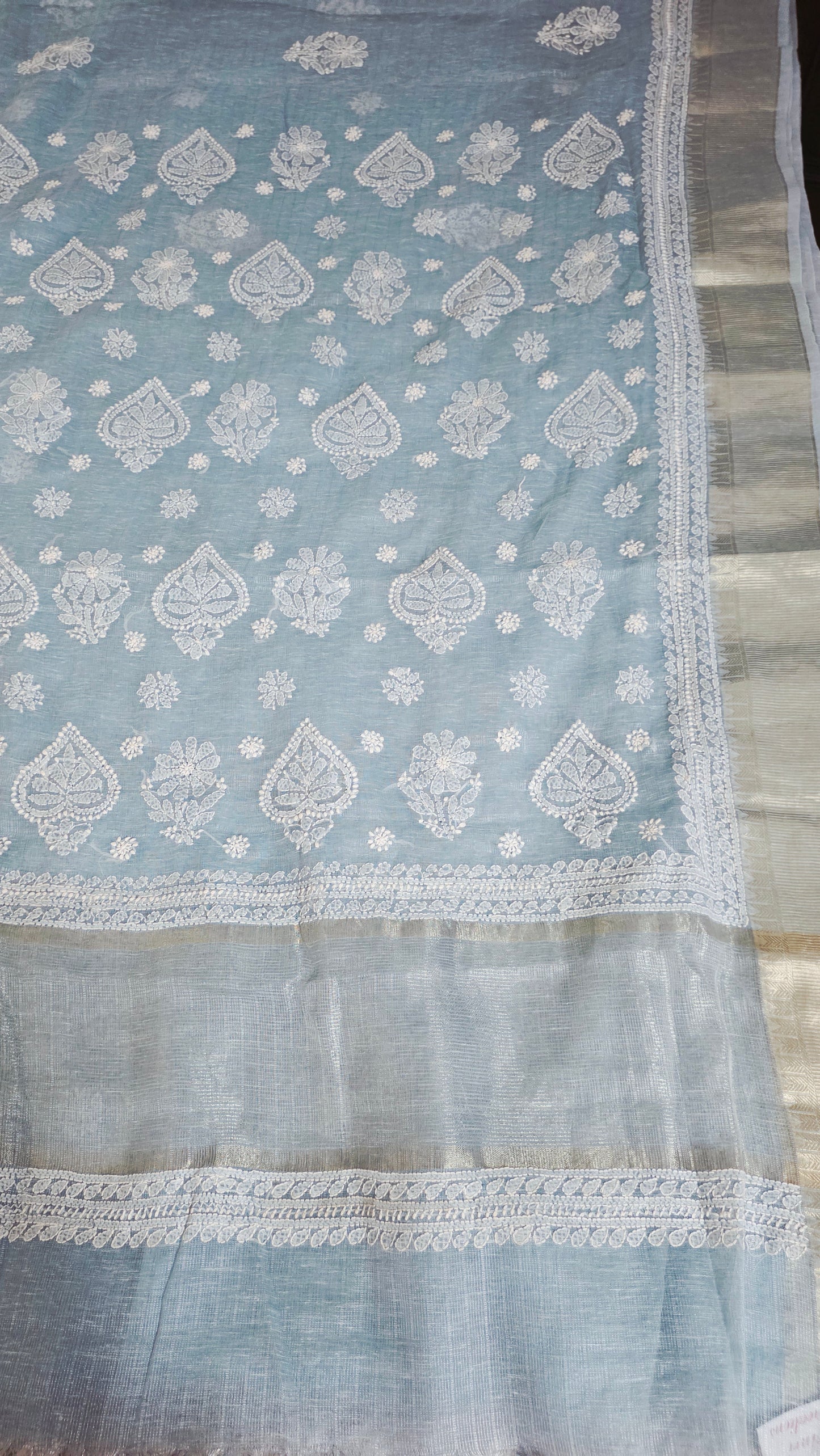 Original Chikankari Hand Work Tissue Kota Ice blue saree with Gold Border