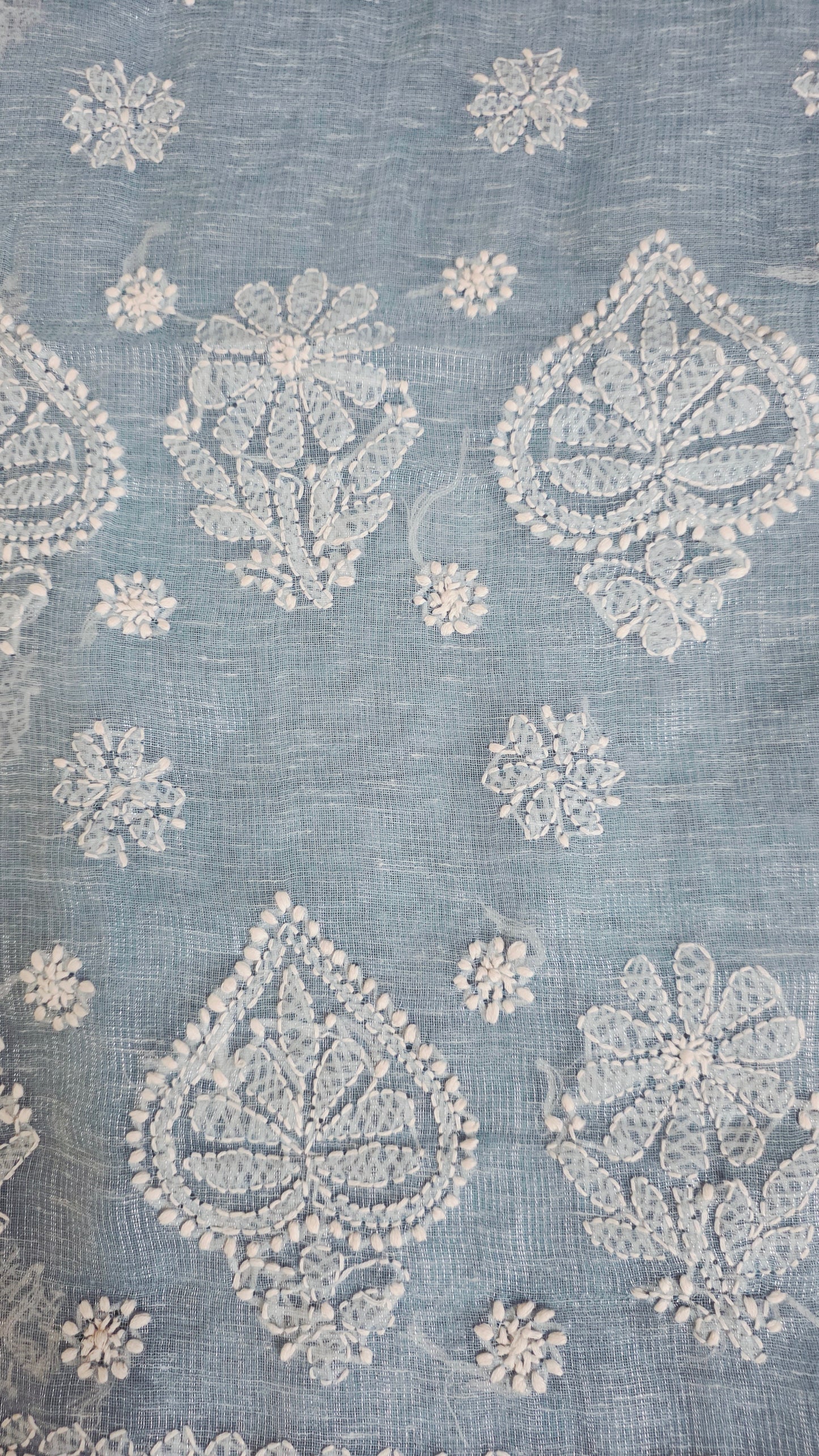 Original Chikankari Hand Work Tissue Kota Ice blue saree with Gold Border
