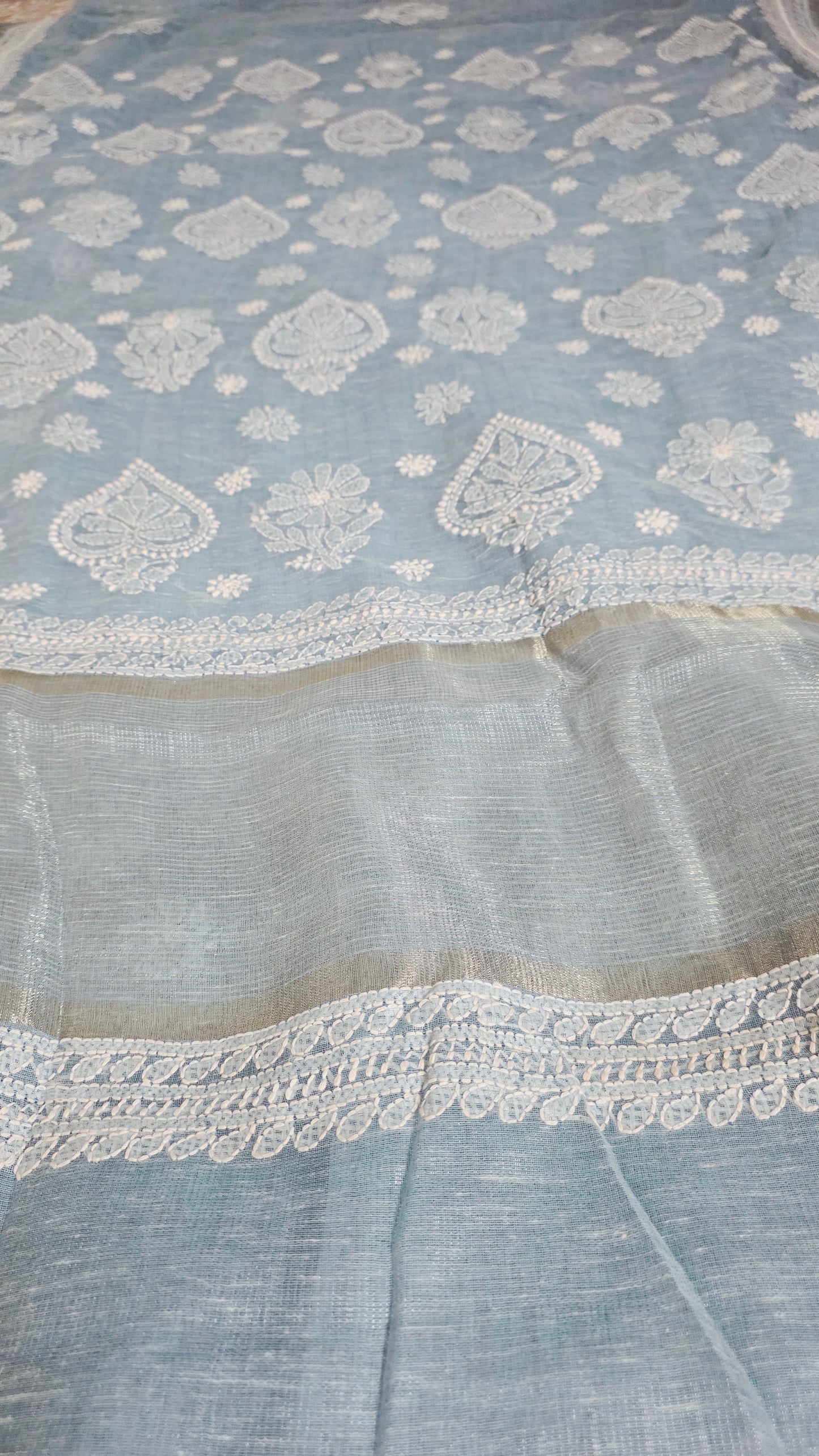Original Chikankari Hand Work Tissue Kota Ice blue saree with Gold Border