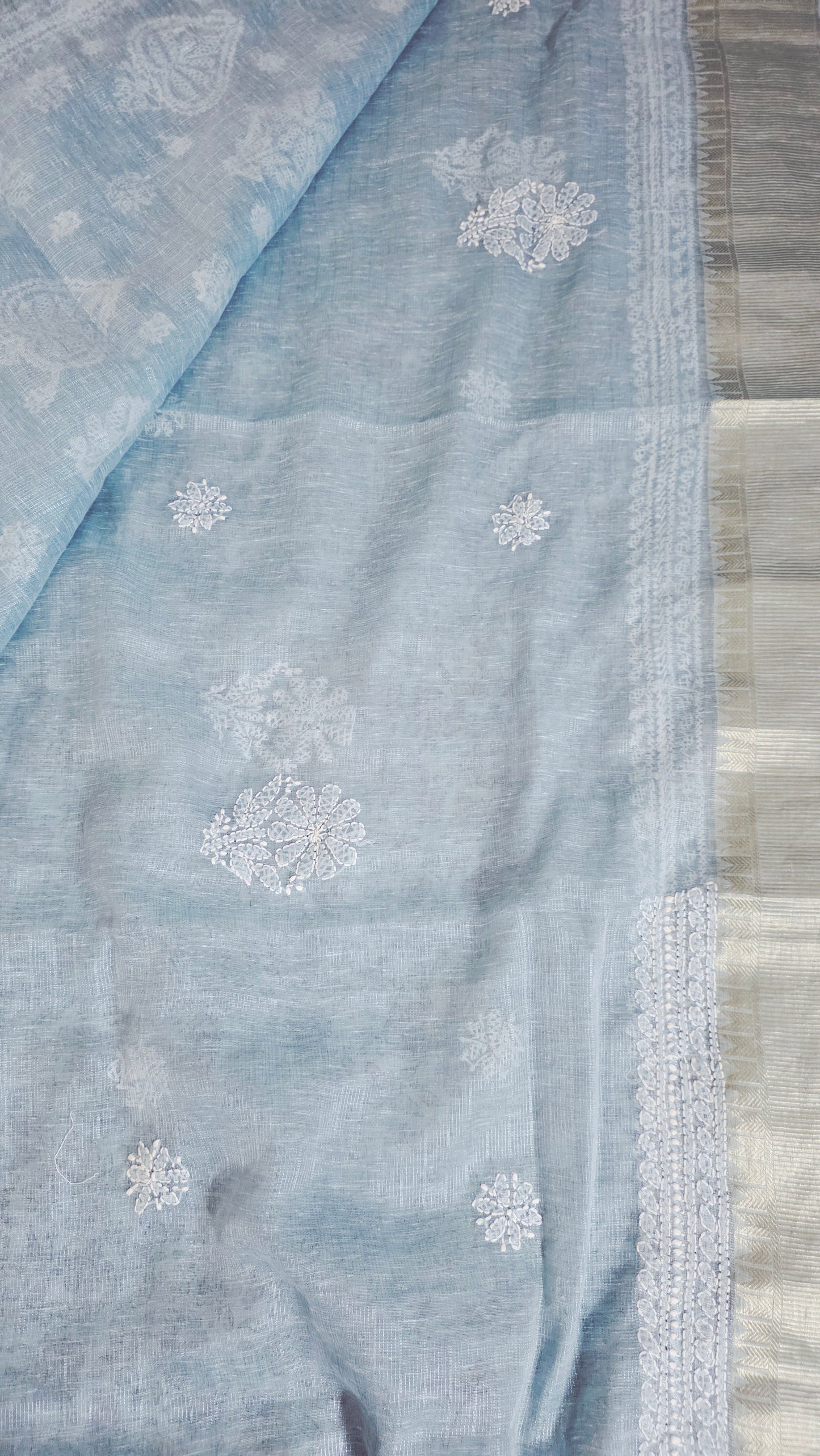 Original Chikankari Hand Work Tissue Kota Ice blue saree with Gold Border