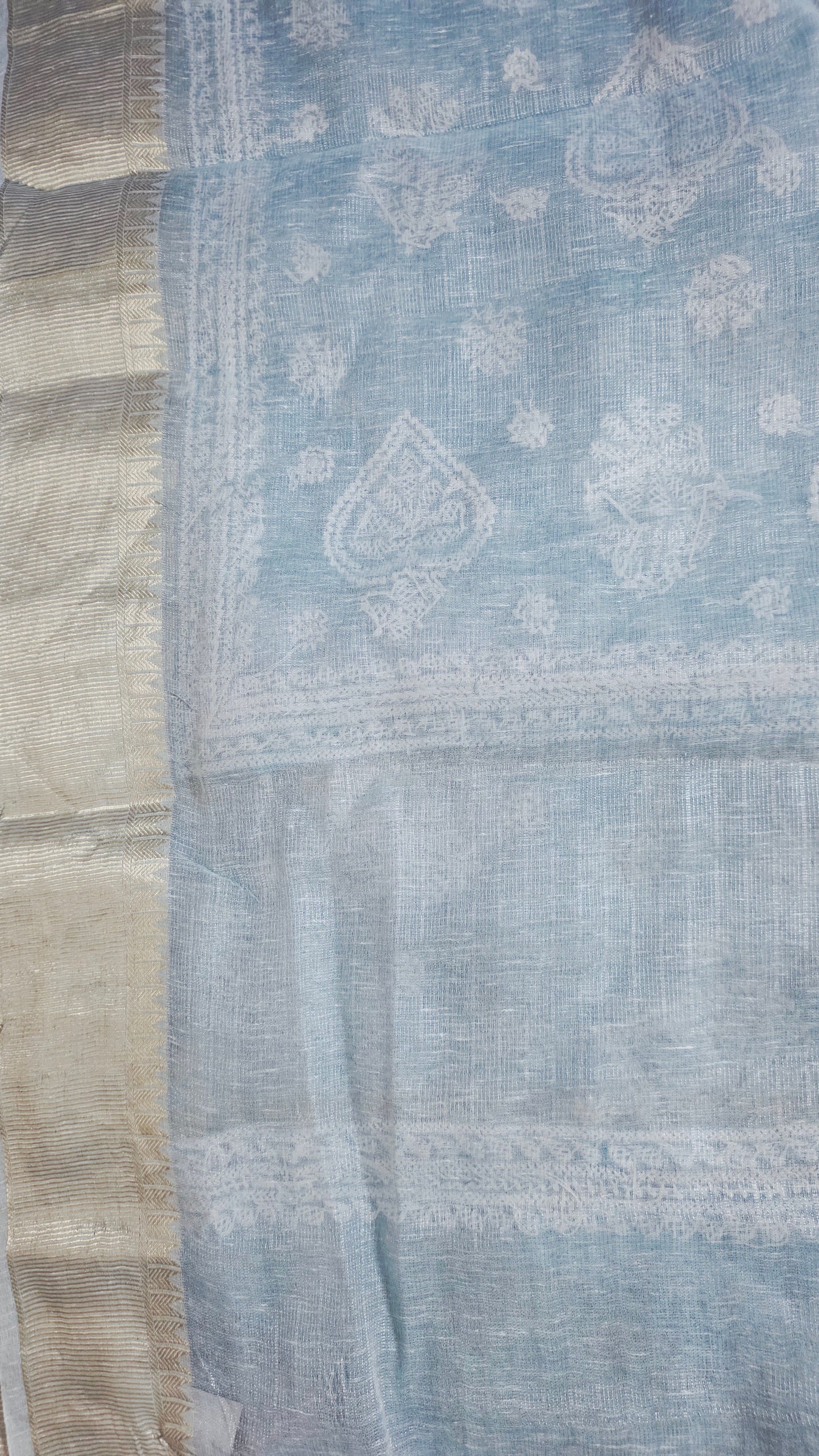Original Chikankari Hand Work Tissue Kota Ice blue saree with Gold Border