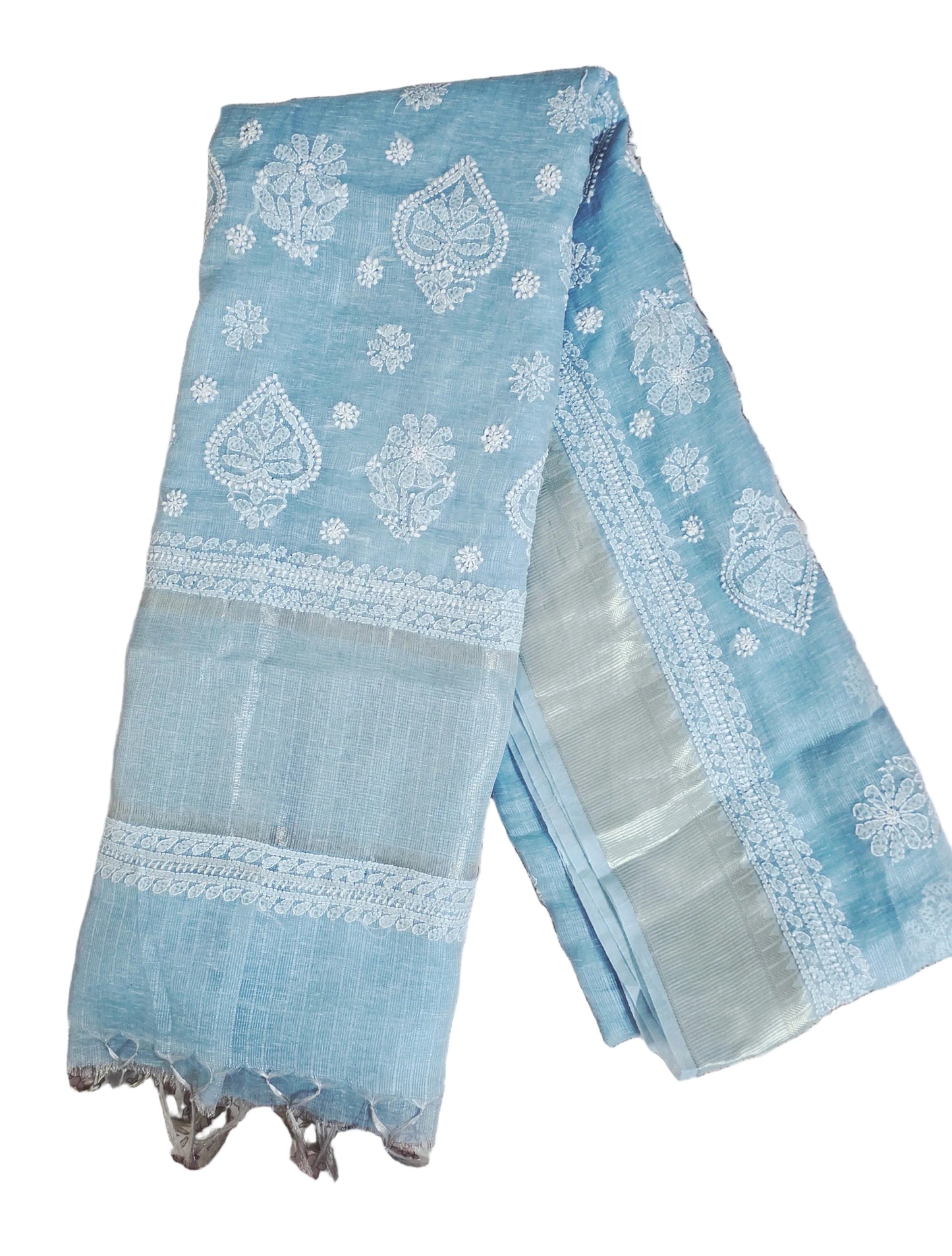 Original Chikankari Hand Work Tissue Kota Ice blue saree with Gold Border