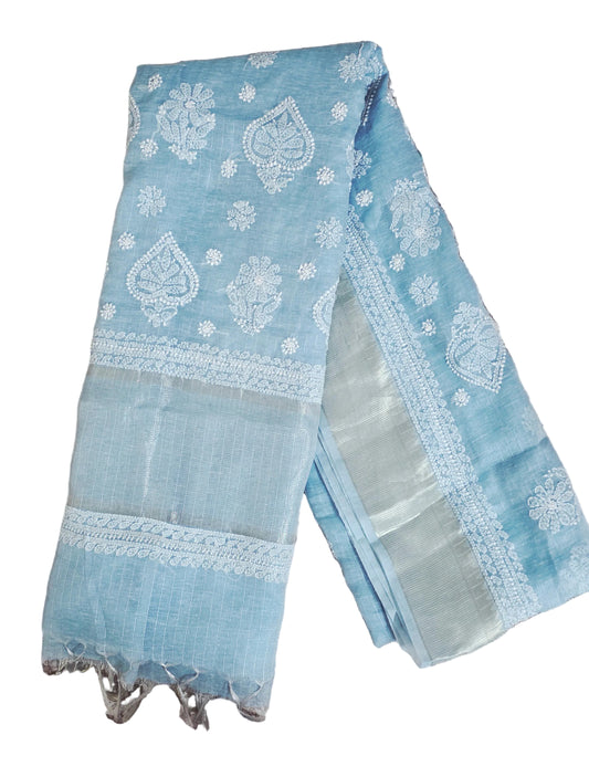 Original Chikankari Hand Work Tissue Kota Ice blue saree with Gold Border