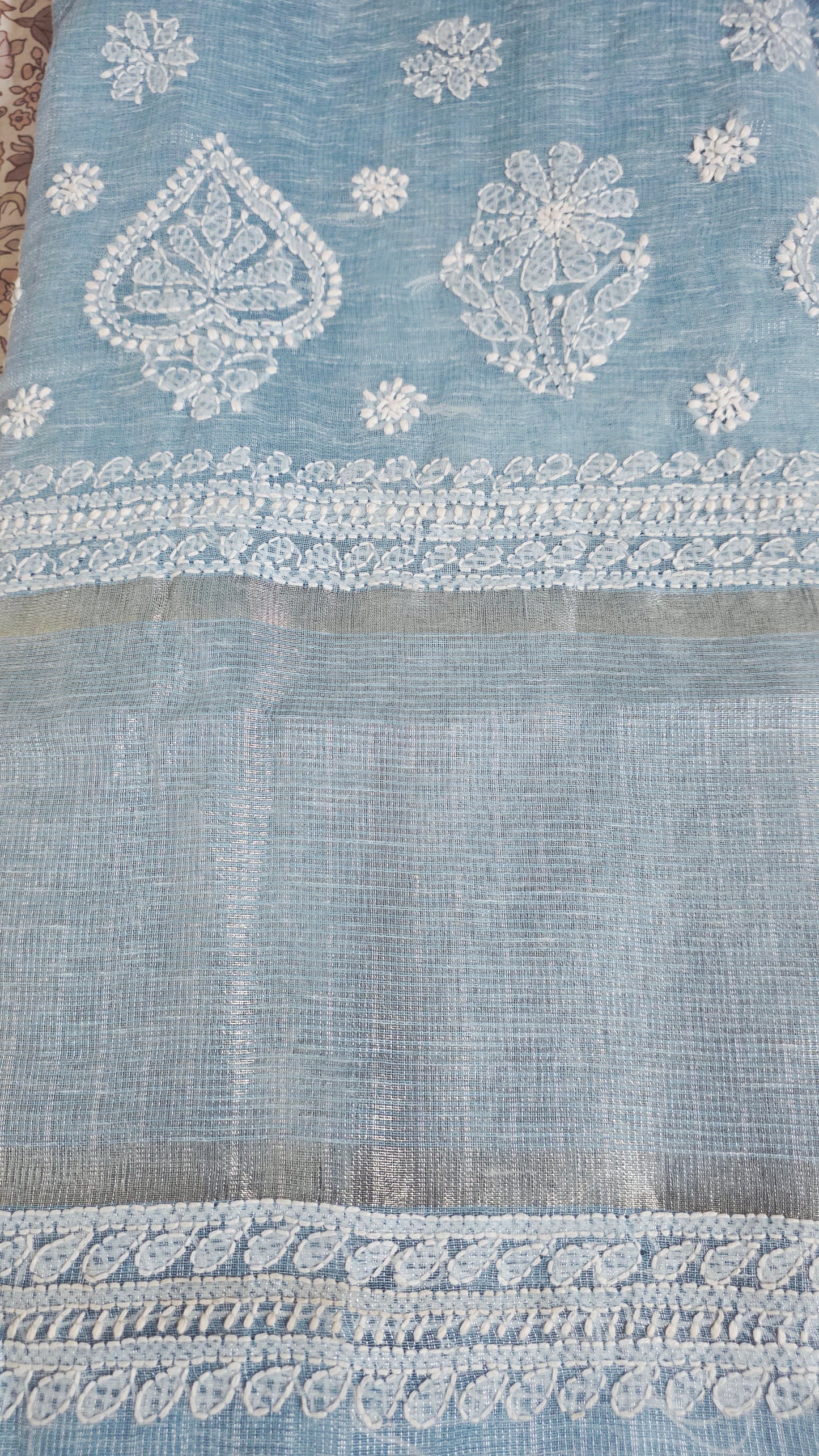 Original Chikankari Hand Work Tissue Kota Ice blue saree with Gold Border
