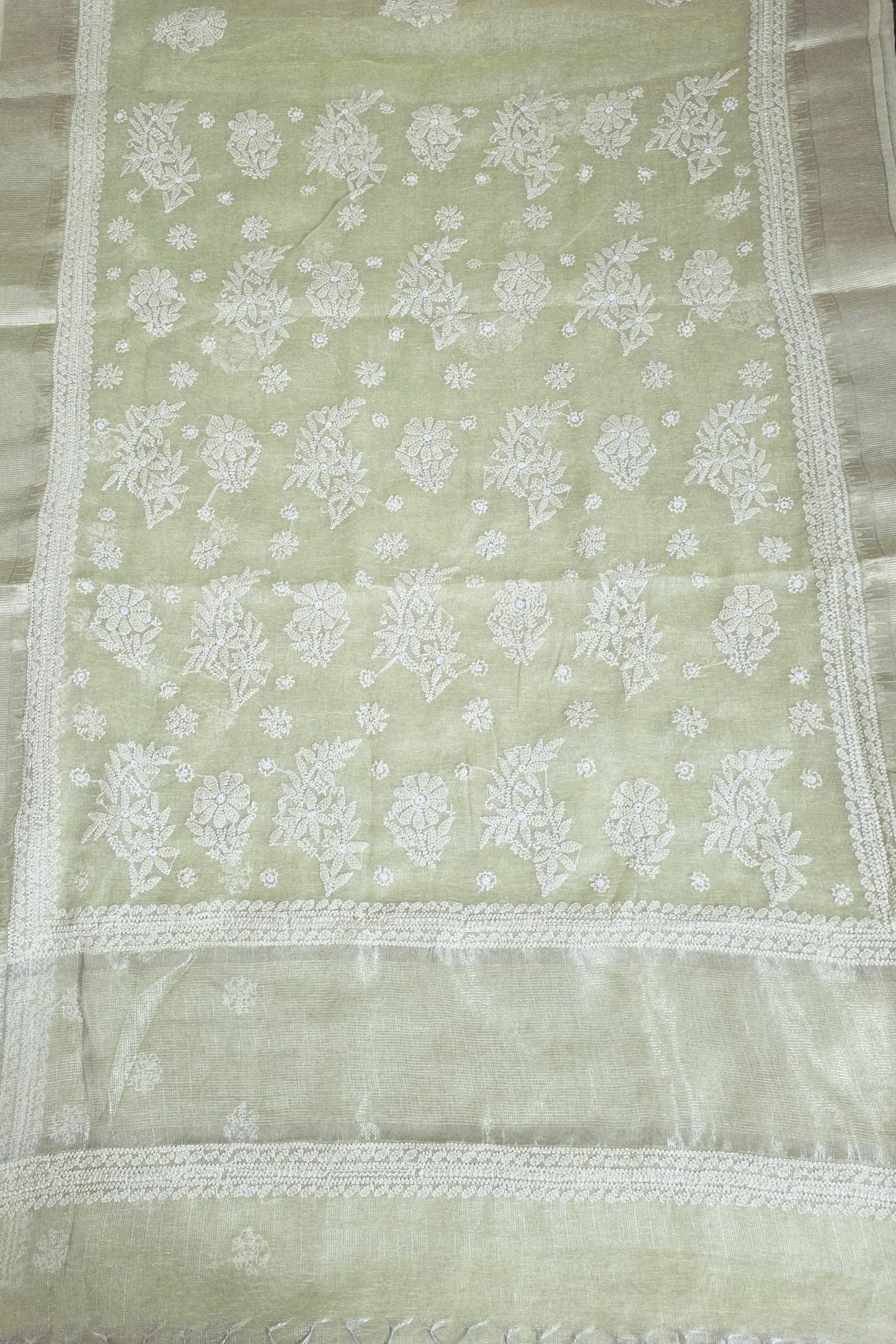 Original Chikankari Hand Work Tissue Kota Light Green saree with Gold Border