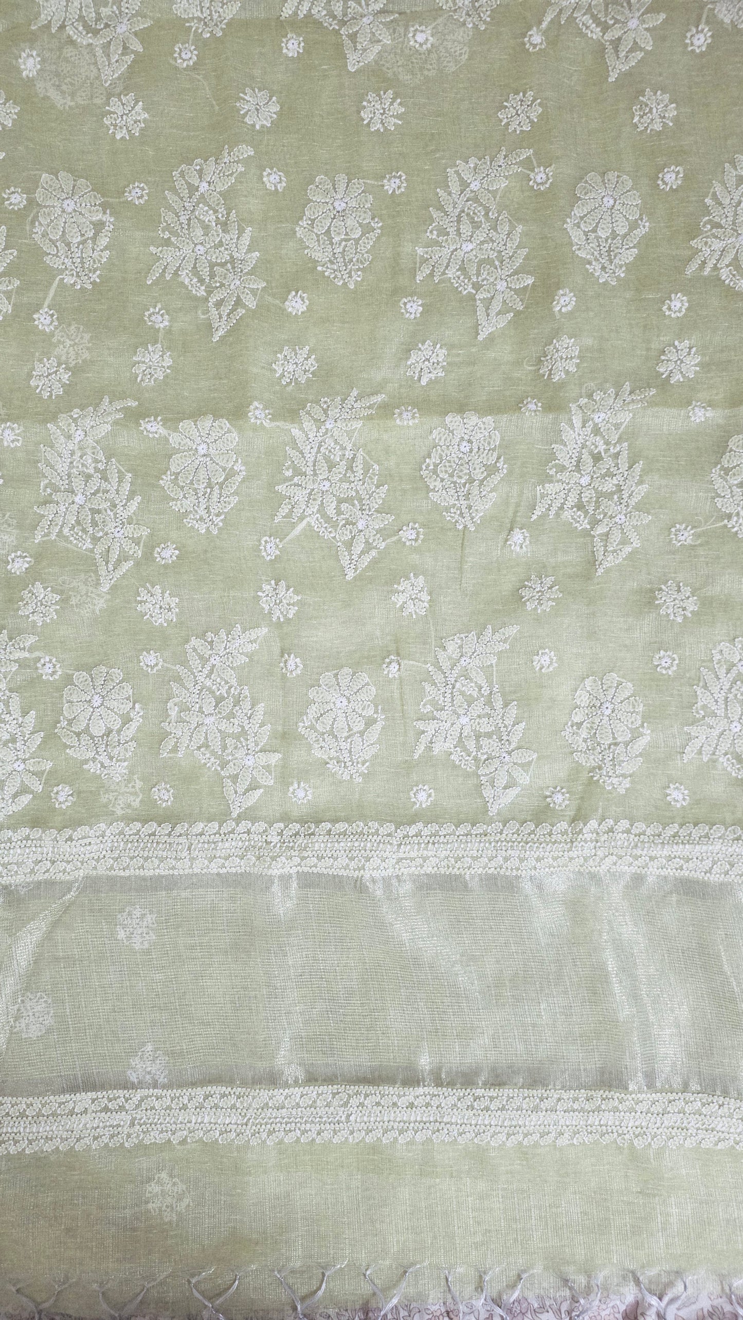 Original Chikankari Hand Work Tissue Kota Light Green saree with Gold Border