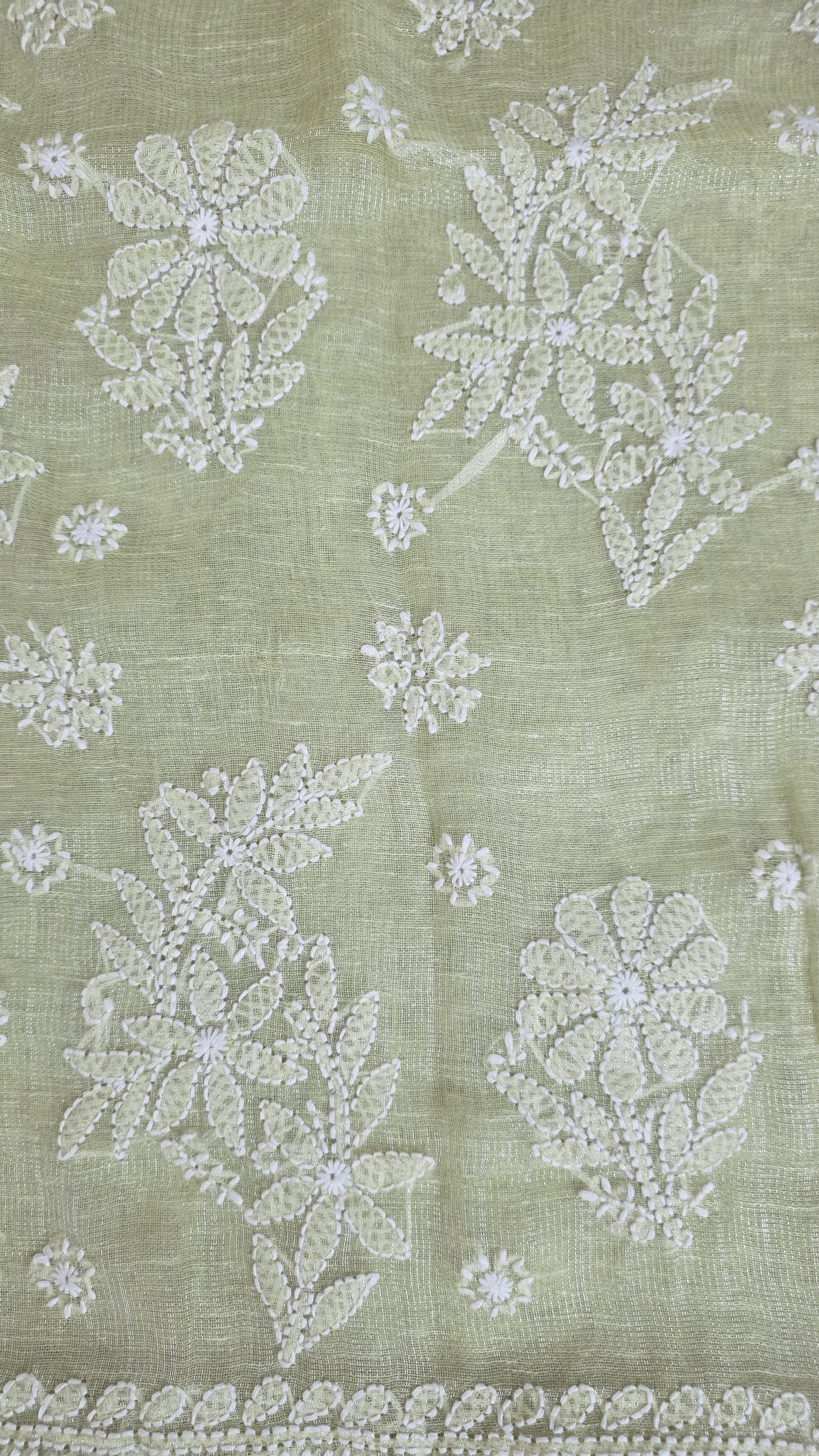 Original Chikankari Hand Work Tissue Kota Light Green saree with Gold Border