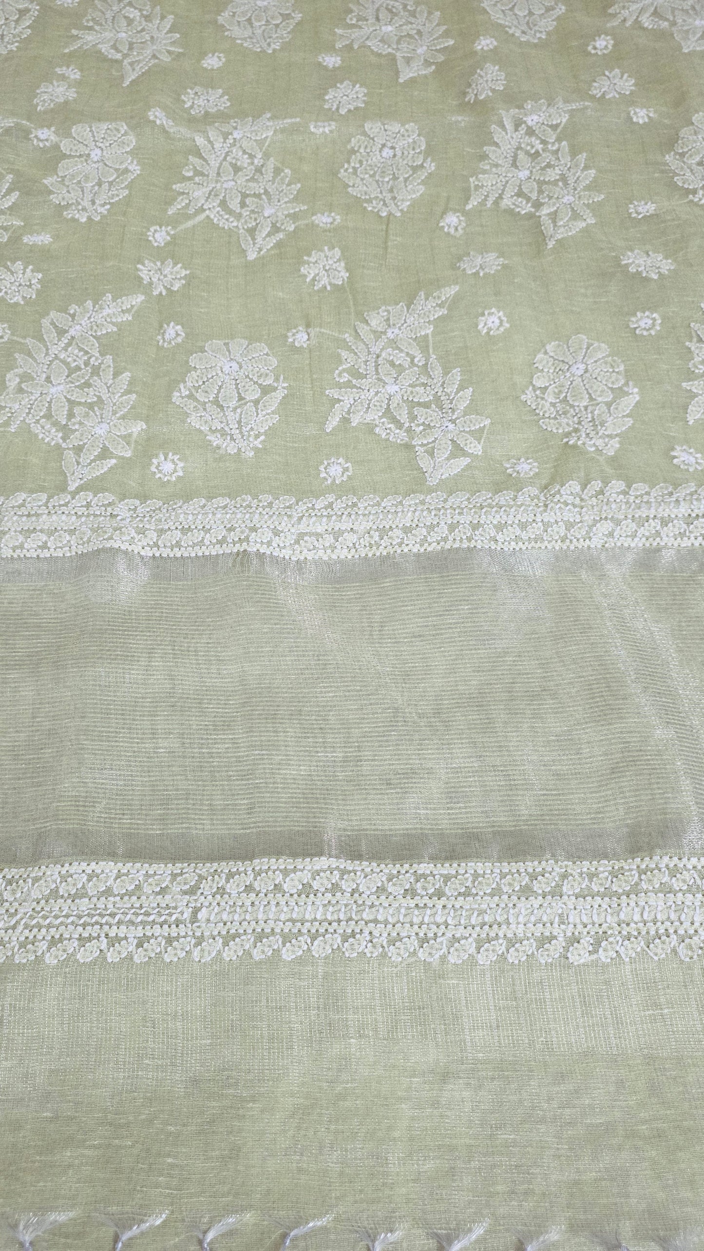 Original Chikankari Hand Work Tissue Kota Light Green saree with Gold Border