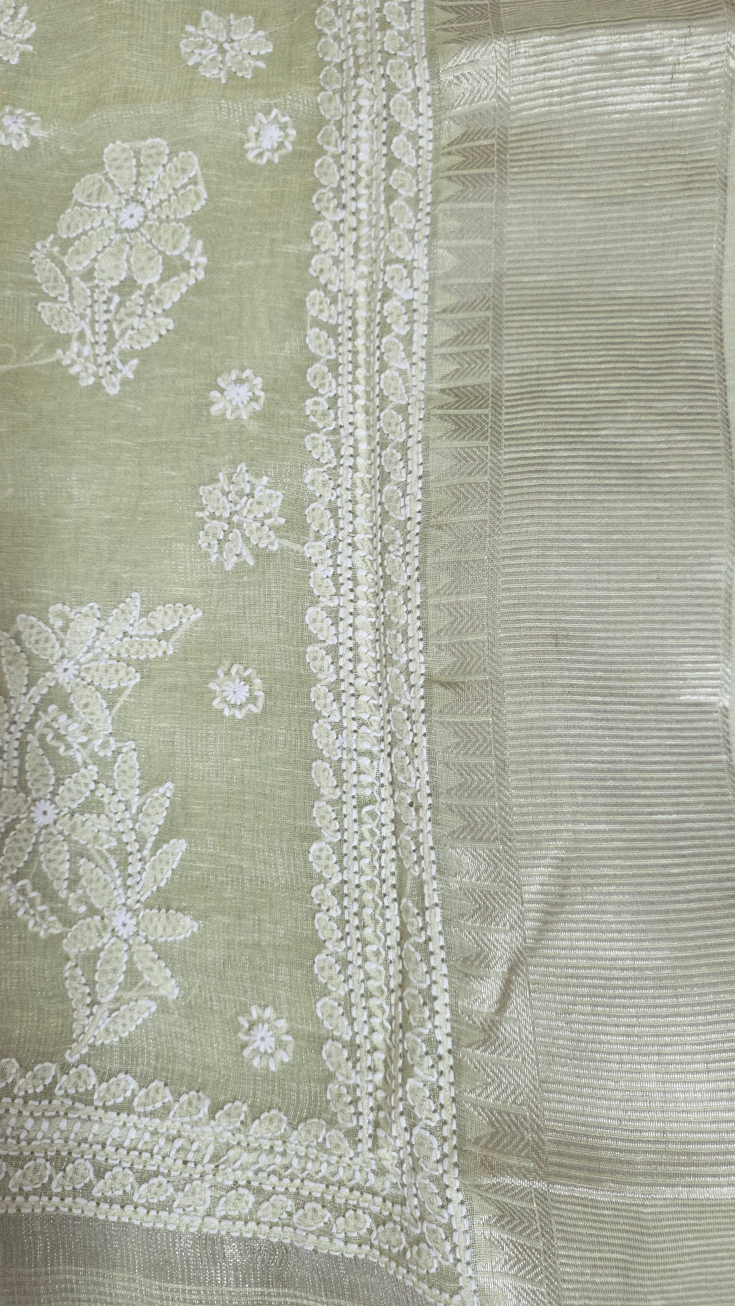 Original Chikankari Hand Work Tissue Kota Light Green saree with Gold Border