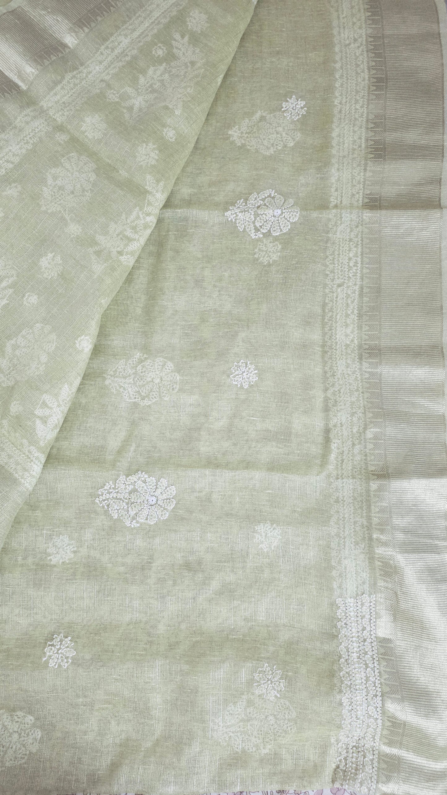 Original Chikankari Hand Work Tissue Kota Light Green saree with Gold Border