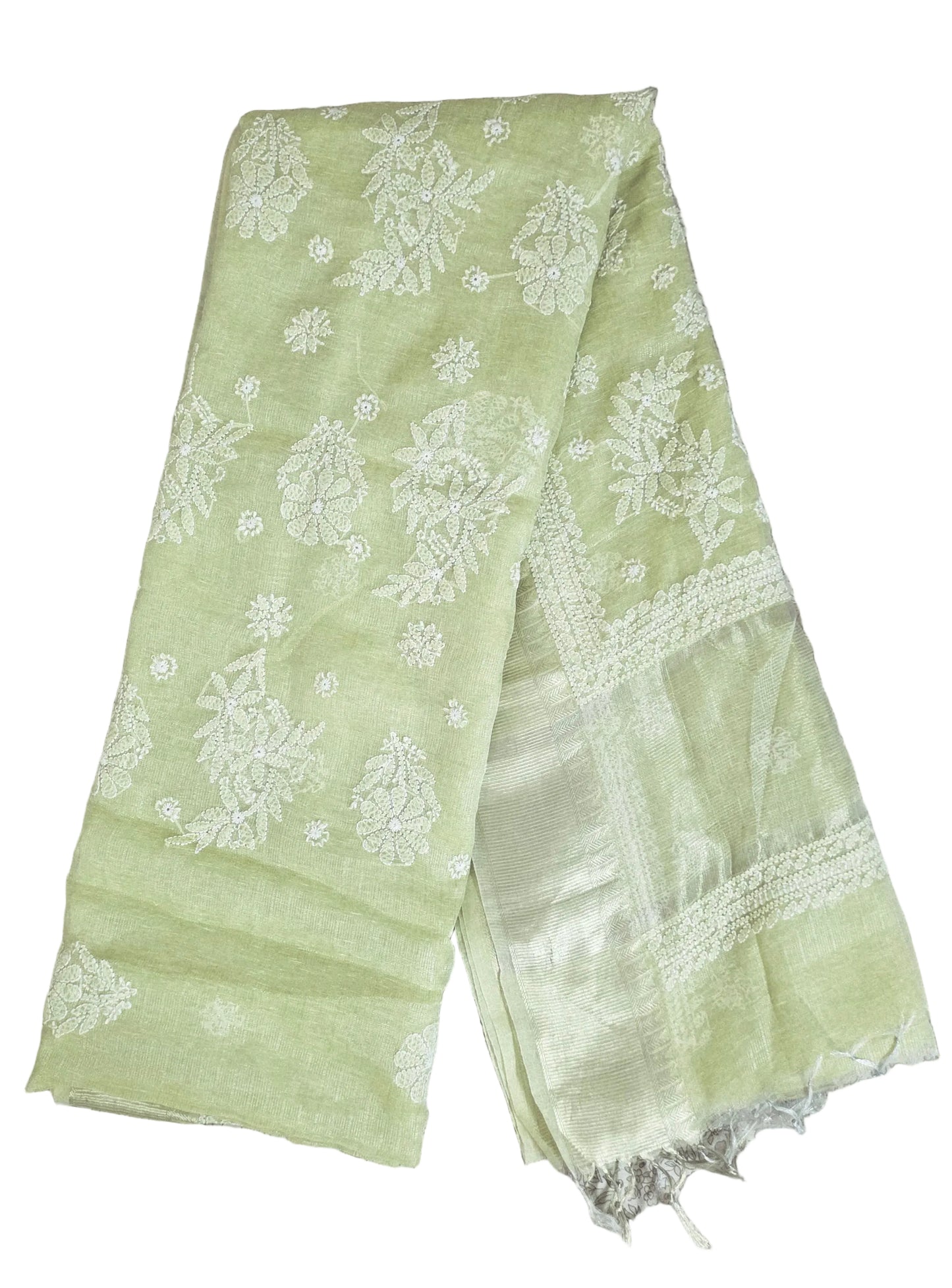 Original Chikankari Hand Work Tissue Kota Light Green saree with Gold Border