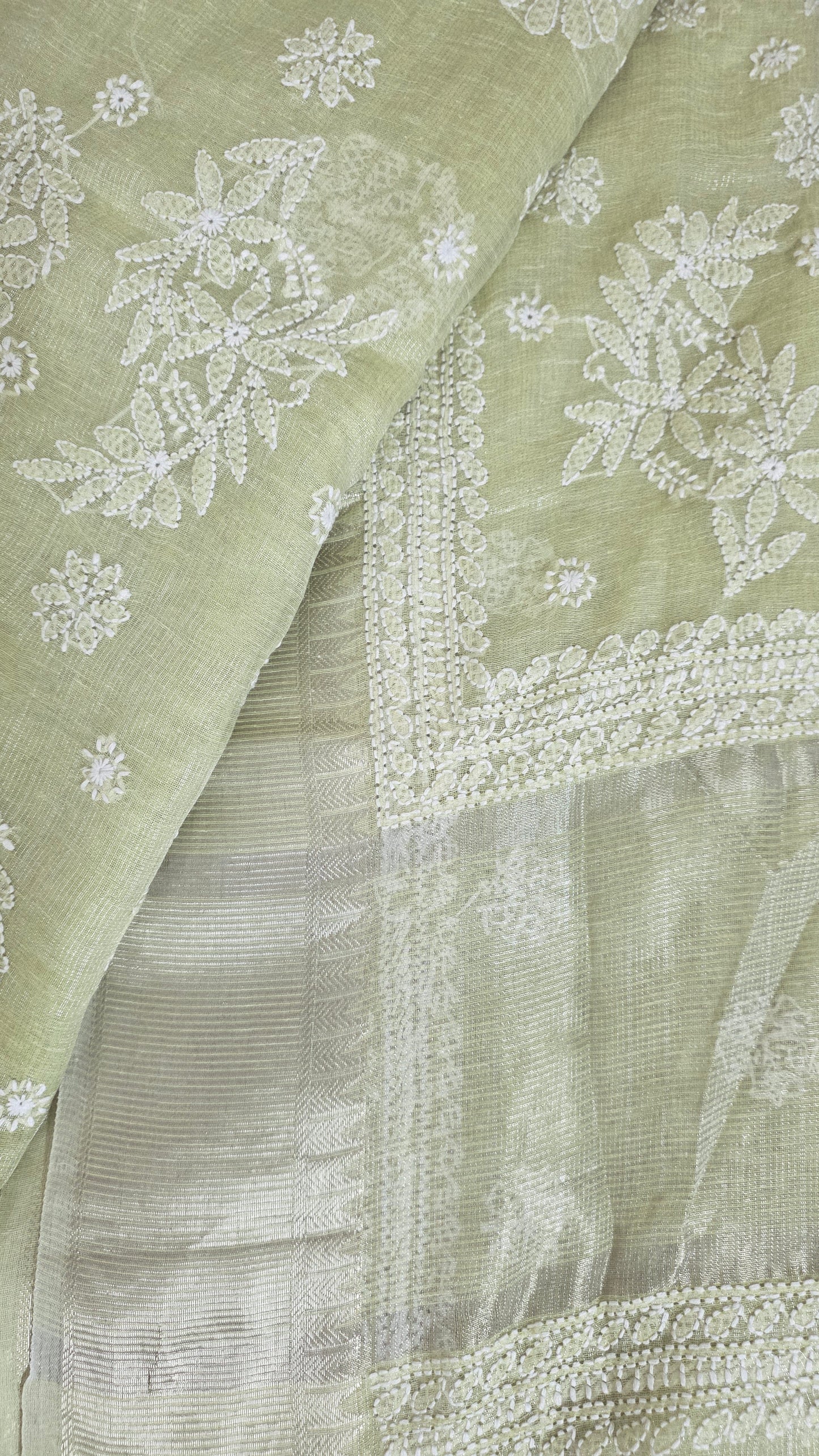 Original Chikankari Hand Work Tissue Kota Light Green saree with Gold Border