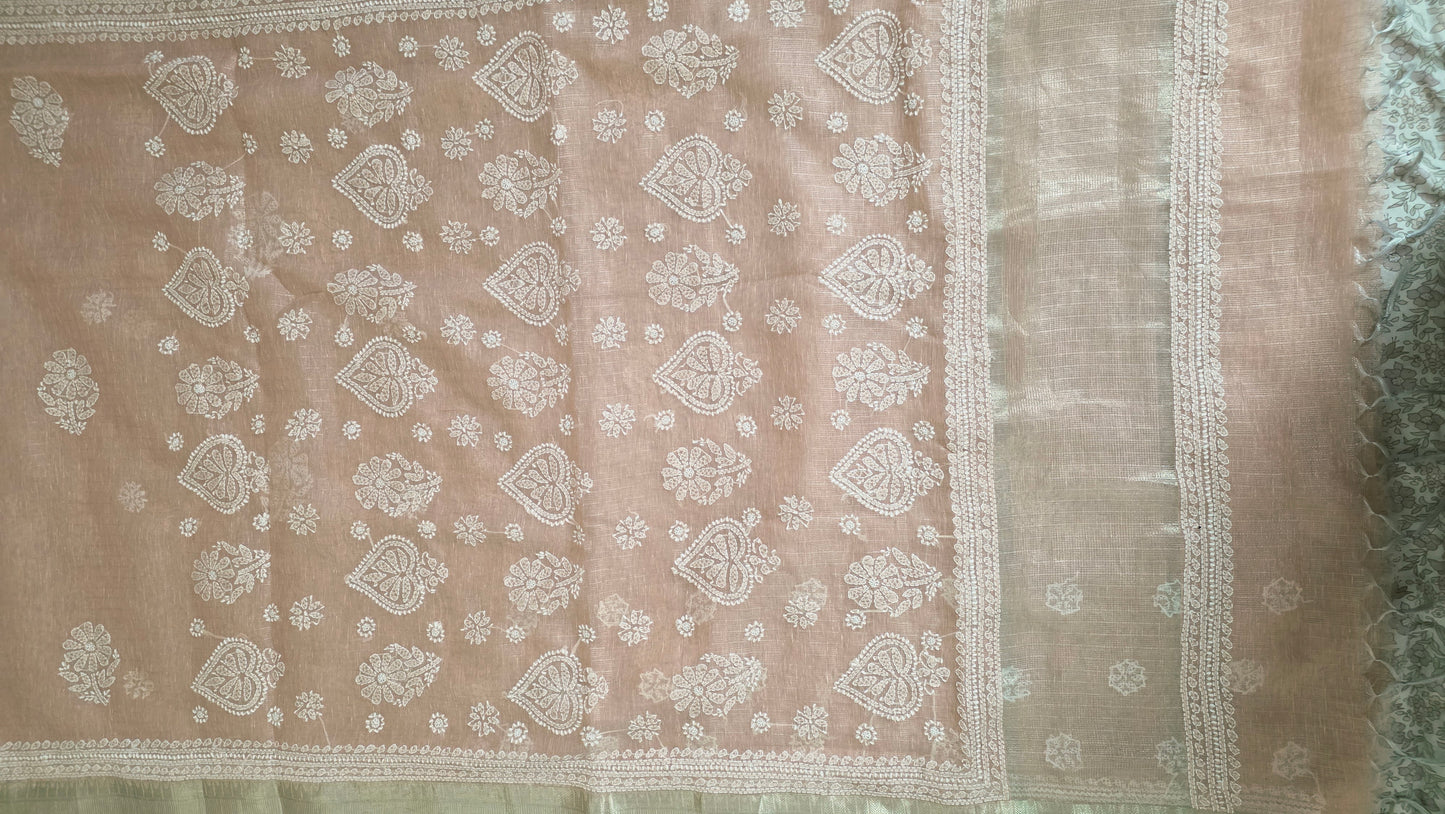 Original Chikankari Hand Work Tissue Kota Peach saree with Gold Border