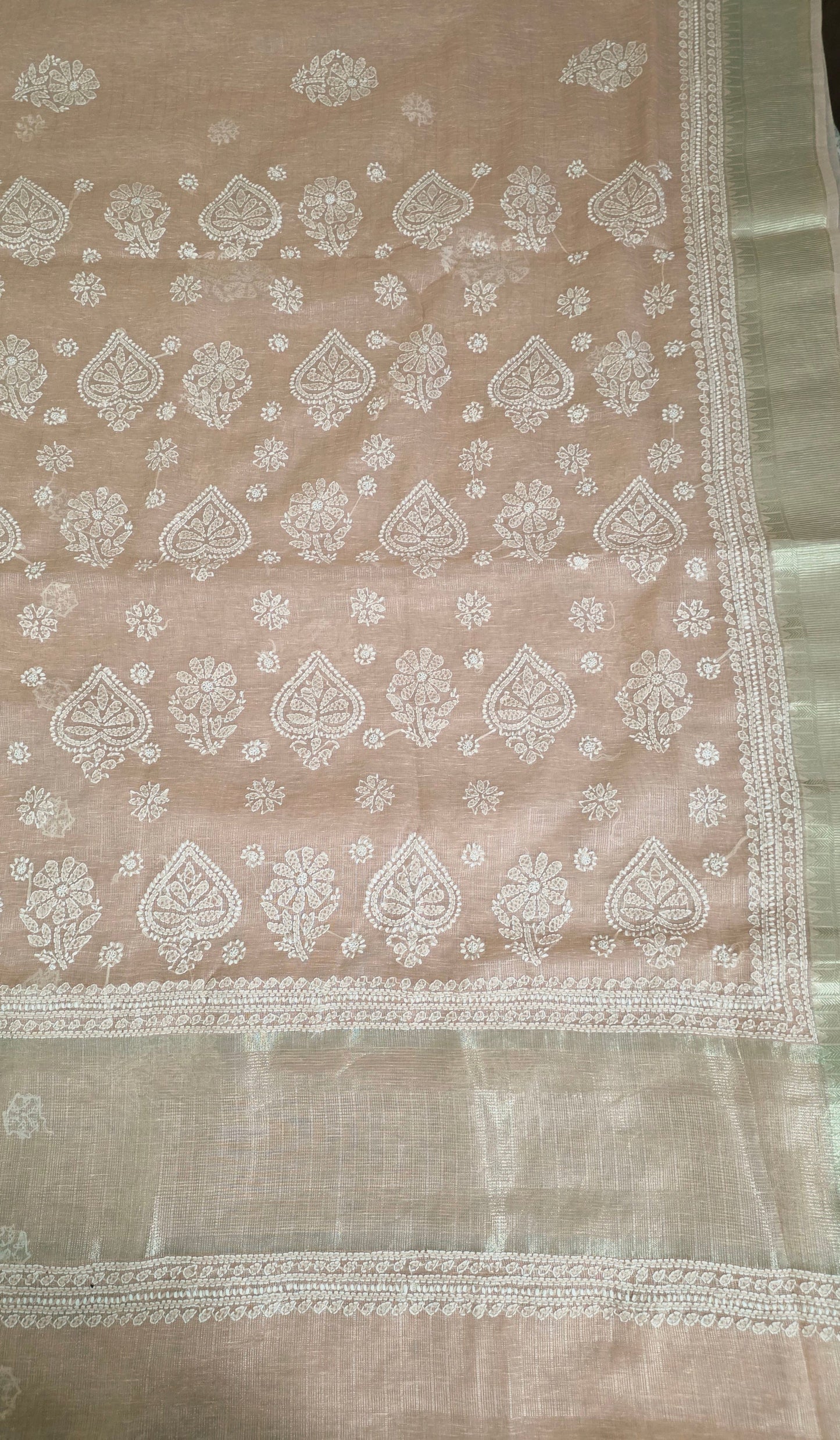 Original Chikankari Hand Work Tissue Kota Peach saree with Gold Border