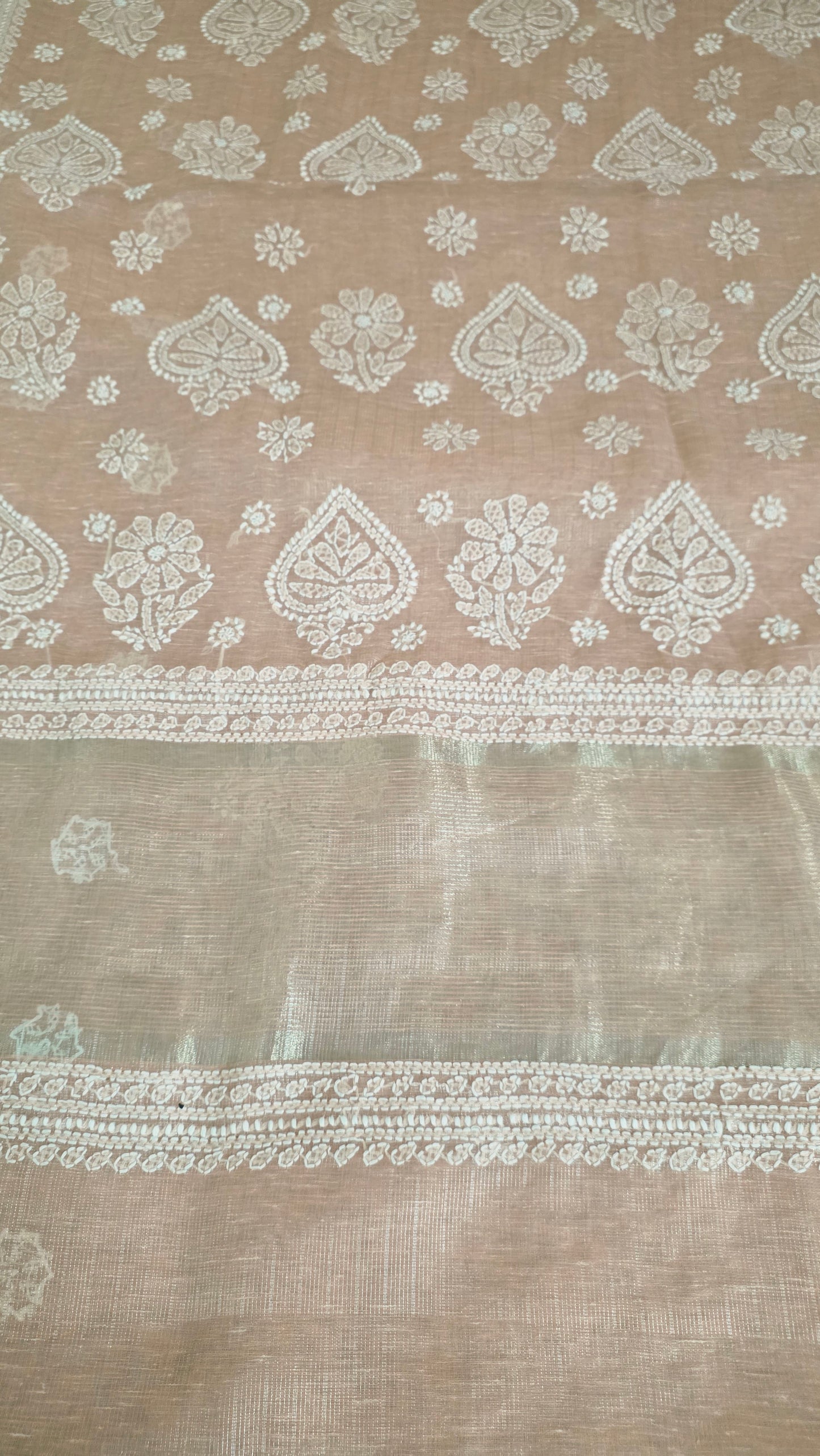 Original Chikankari Hand Work Tissue Kota Peach saree with Gold Border