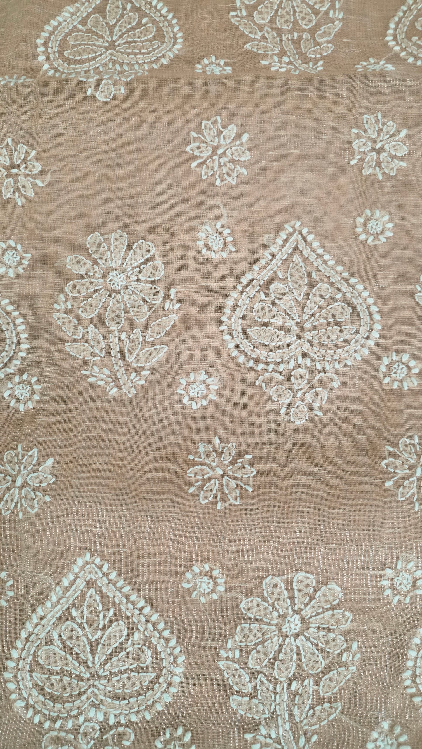 Original Chikankari Hand Work Tissue Kota Peach saree with Gold Border