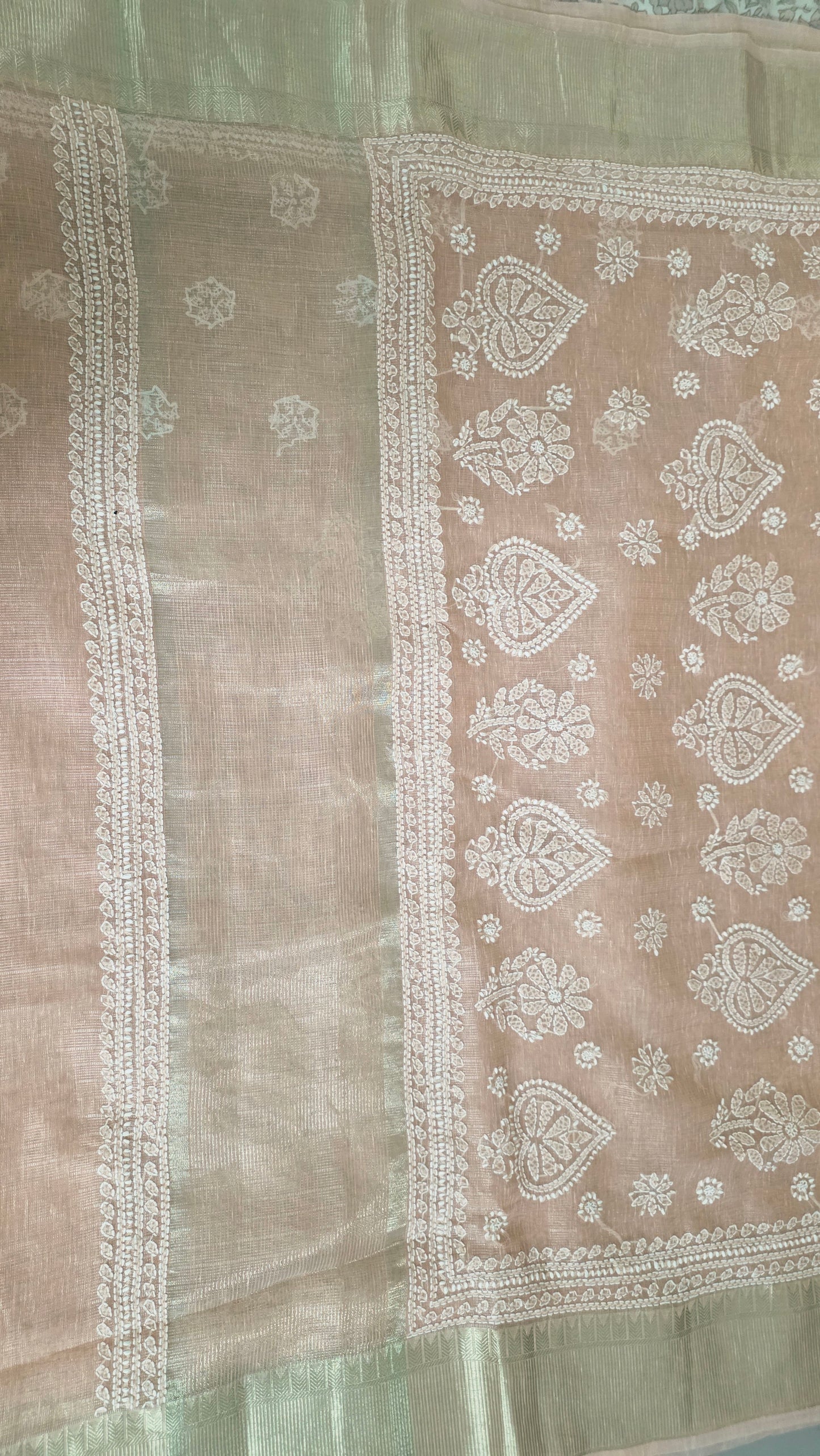 Original Chikankari Hand Work Tissue Kota Peach saree with Gold Border