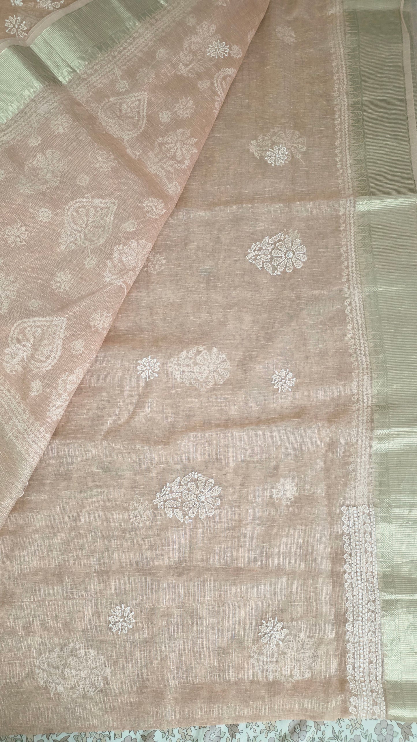 Original Chikankari Hand Work Tissue Kota Peach saree with Gold Border