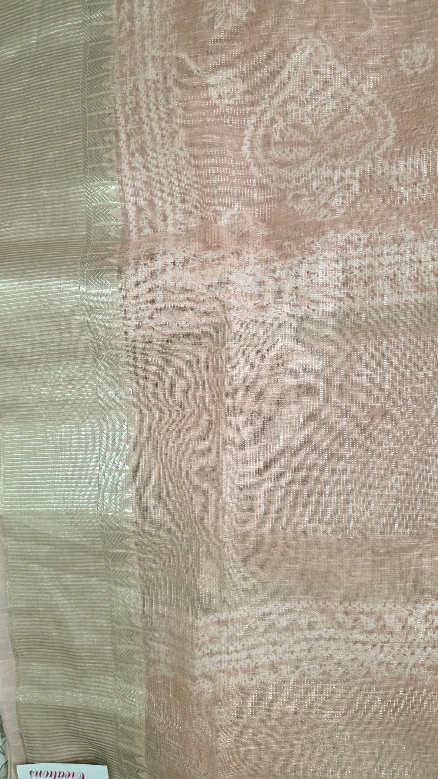 Original Chikankari Hand Work Tissue Kota Peach saree with Gold Border